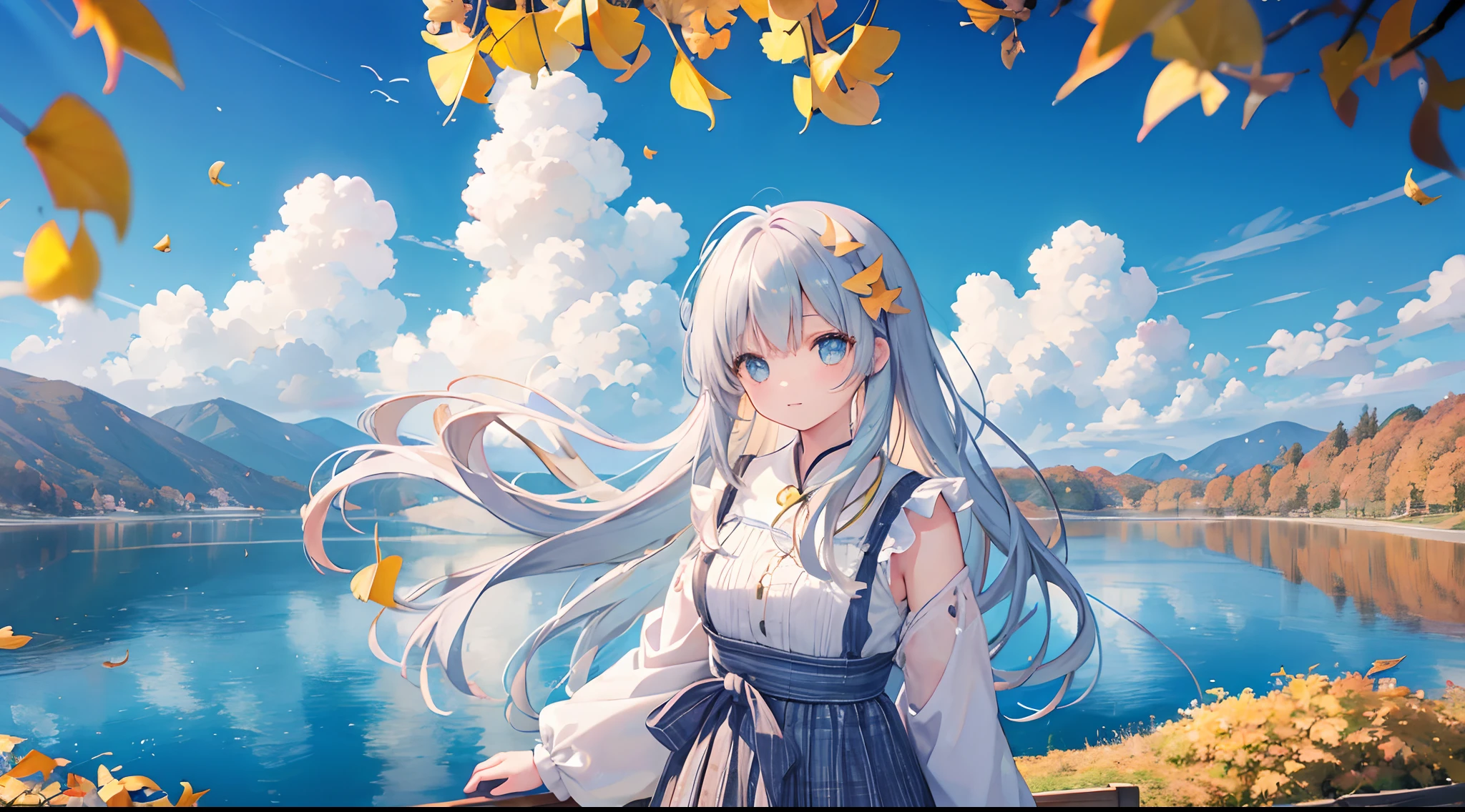 Pretty girl、Light blue long hair、Yellow and brown dresses、autumnal、Pasture、Bright autumn leaves and autumn leaves、Yellow ginkgo tree、Clear lake、Large clouds、blue open sky、Autumn weather、HD Detail、wet watermarks、Hyper-detailing、movie、surrealism、Soft light、Deep field focus bokeh、Snowy mountains in the distance、Ray traching、surrealism。 --v6