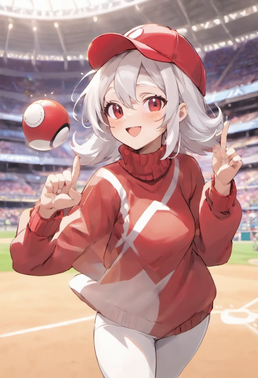 Grinning face,Baseball Cap,Red Baseball Cap.Right hand thrust forward,white short pants,The field is a stadium,Turtleneck knitwear,Red glasses,Hi-Res, 1womanl,Pose with your right arm stretched forward, 独奏,Holding a Poké Ball in Your Hands, grey eyes, white hair, Red glasses,Red Baseball Cap, Red knitted turtleneck with long sleeves, White shorts, a belt, stadio, deph of field, Bad face, Stick out the arm holding the poké ball, put hands on the hip,