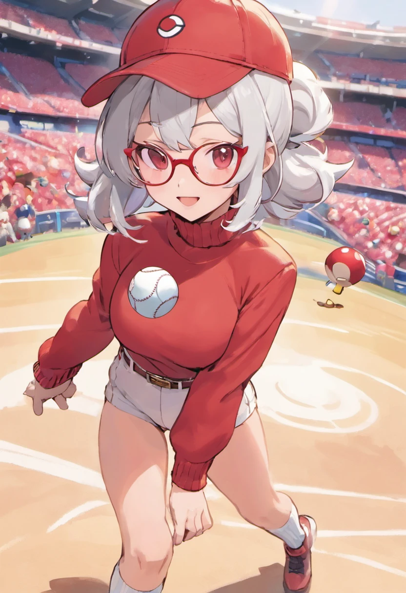Grinning face,Baseball Cap,Red Baseball Cap.Right hand thrust forward,white short pants,The field is a stadium,Turtleneck knitwear,Red glasses,Hi-Res, 1womanl,Pose with your right arm stretched forward, 独奏,Holding a Poké Ball in Your Hands, grey  eyes, white  hair, Red glasses,Red Baseball Cap, Red knitted turtleneck with long sleeves, White shorts, a belt, stadio, deph of field, Bad face, Stick out the arm holding the poké ball, put hands on the hip,