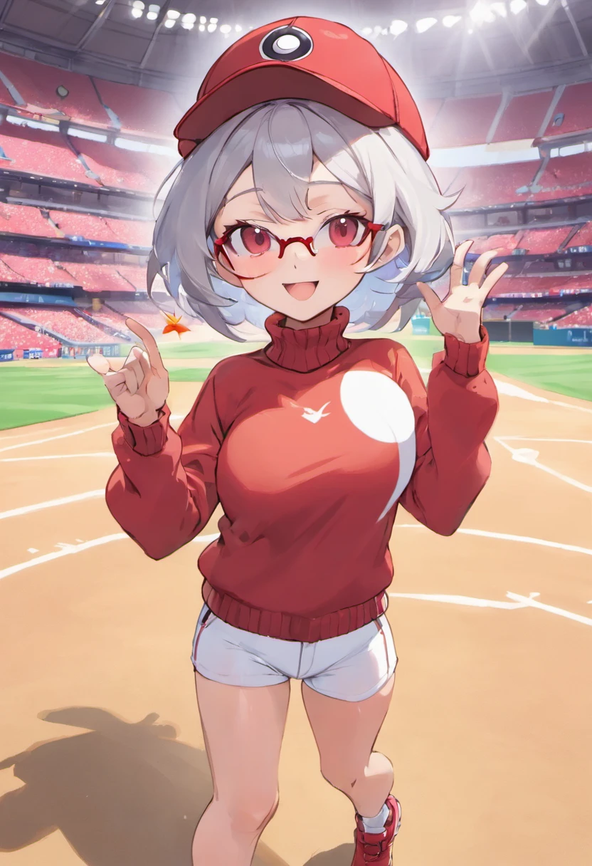 Grinning face,Baseball Cap,Red Baseball Cap.Right hand thrust forward,white short pants,The field is a stadium,Turtleneck knitwear,Red glasses,Hi-Res, 1womanl,Pose with your right arm stretched forward, 独奏,Holding a Poké Ball in Your Hands, grey  eyes, white  hair, Red glasses,Red Baseball Cap, Red knitted turtleneck with long sleeves, White shorts, a belt, stadio, deph of field, Bad face, Stick out the arm holding the poké ball, put hands on the hip,