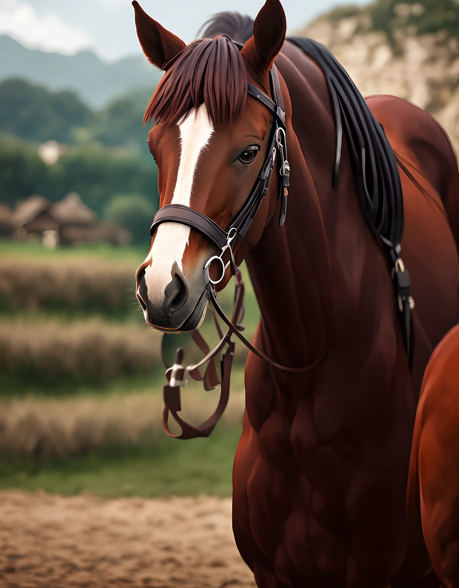A horse with a saddle,The background is a herd of horses,villages,Beautiful surroundings, group portraits, pastoral,Brazil , hyper realistic detailed, Intricate, 4K --auto --s2