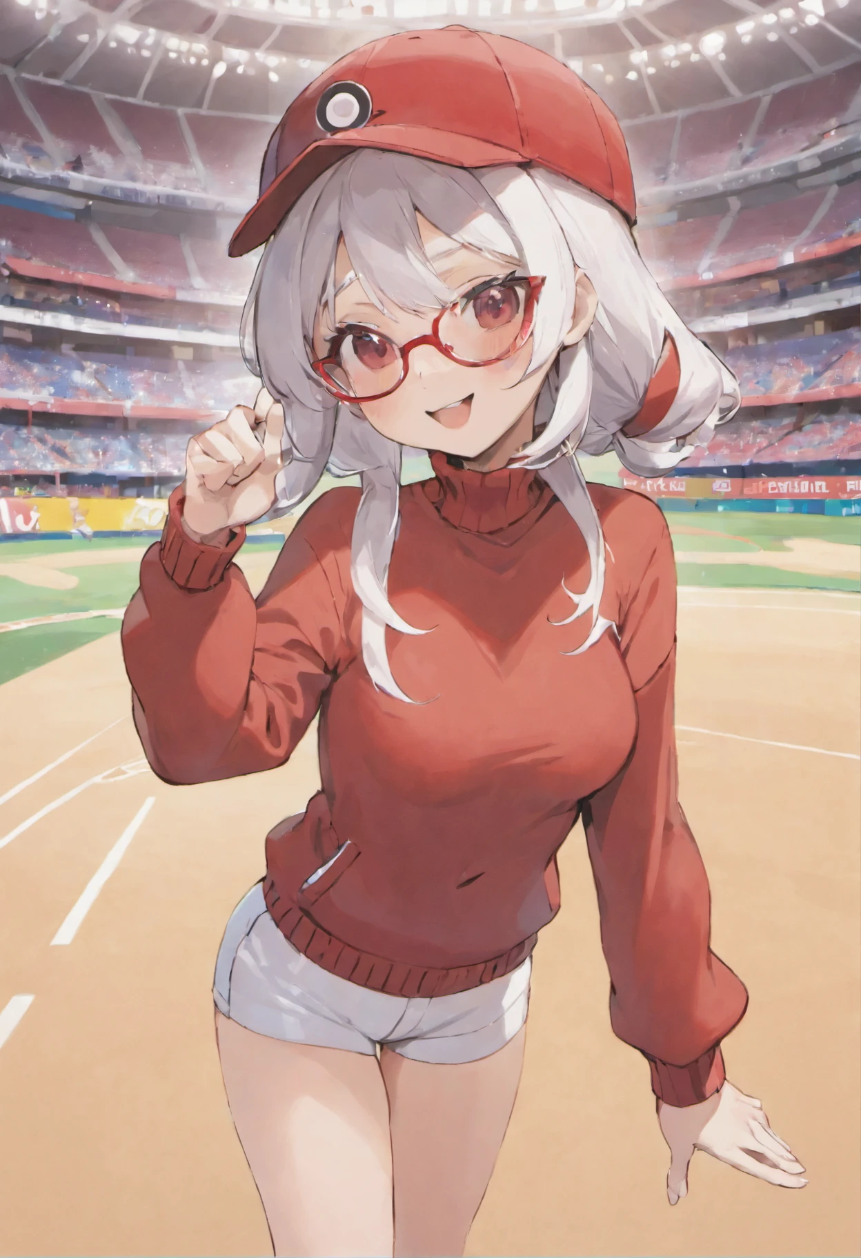 Grinning face,Baseball Cap,Red Baseball Cap.White shorts with right hand sticking forward,Field is a stadium,Turtleneck knitwear,Red glasses,Hi-Res, 1womanl,Pose with your right arm stretched forward, 独奏,Holding a Poké Ball in Your Hands, grey  eyes, white  hair, Red glasses,Red Baseball Cap, Red knitted turtleneck with long sleeves, White shorts, a belt, stadio, deph of field, Bad face, Stick out the arm holding the poké ball, put hands on the hip,