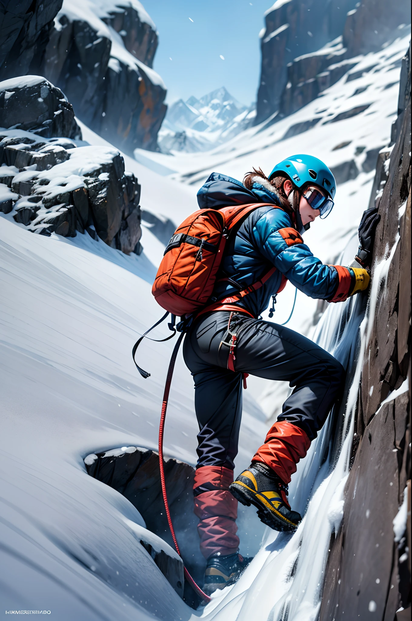 snow mountains, cliff, (1 man: 1.2), (Manloch Climbing: 1.4), Ice axe, lifeline, backpack, Polarized glasses, Icefall, Harnes,Brave climbers tackle rock walls in winter gear, Cannabilus, crochet, Vertical rock walls,danger,Thrilling,People Focus,(8K, 16 K, awardwinning, Best Quality, hight resolution, Super Detail,ultra-detailliert, Anatomically correct, masutepiece)