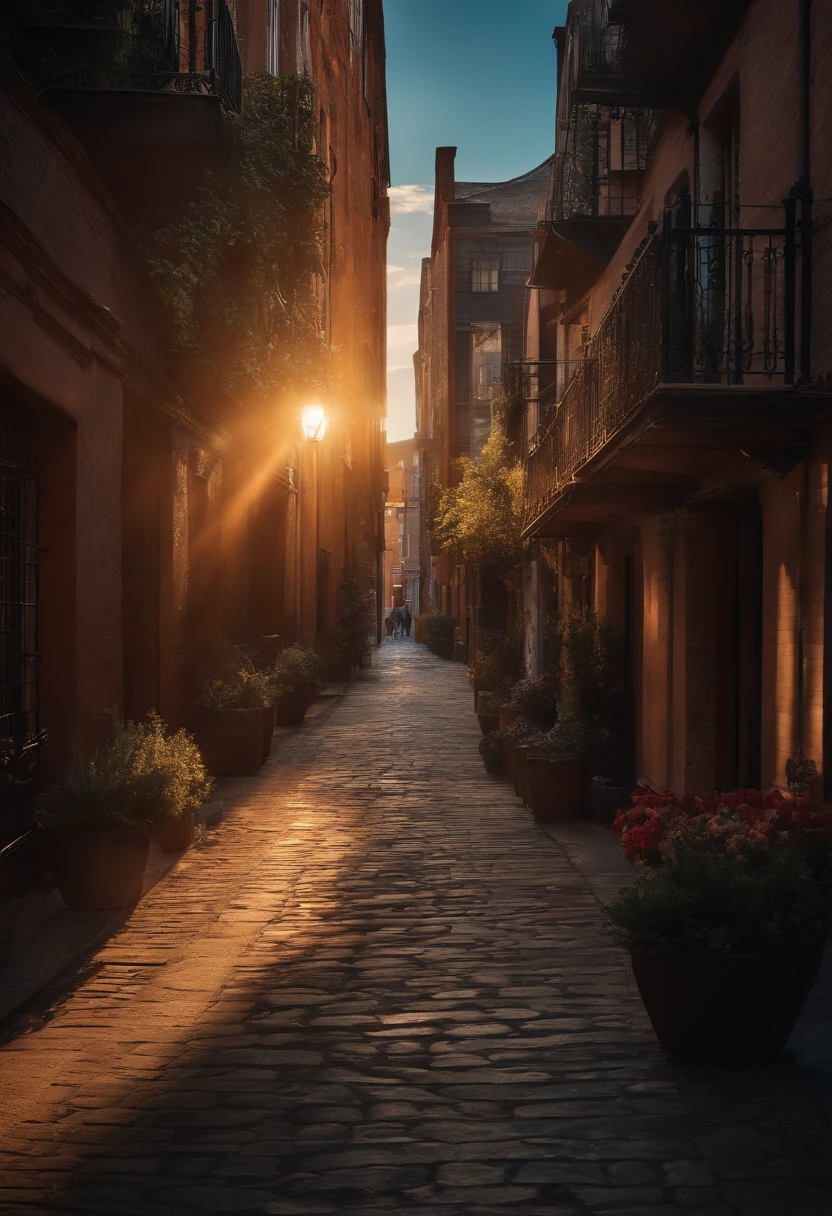 Withdraw images of cities with alleys from alley to street, super detailed, masutepiece, Best Quality, ultra-quality, absurd details, best light, Best Shadow, sharp, Sharp Image, Detailed, Extremely detailed, great resolution, 8K, 4K, nffsw, Volumetric, Bright sprites, particles effect, beautiful effects, neons, Neon light, sun beam, Sunlight, (Characters on the street)