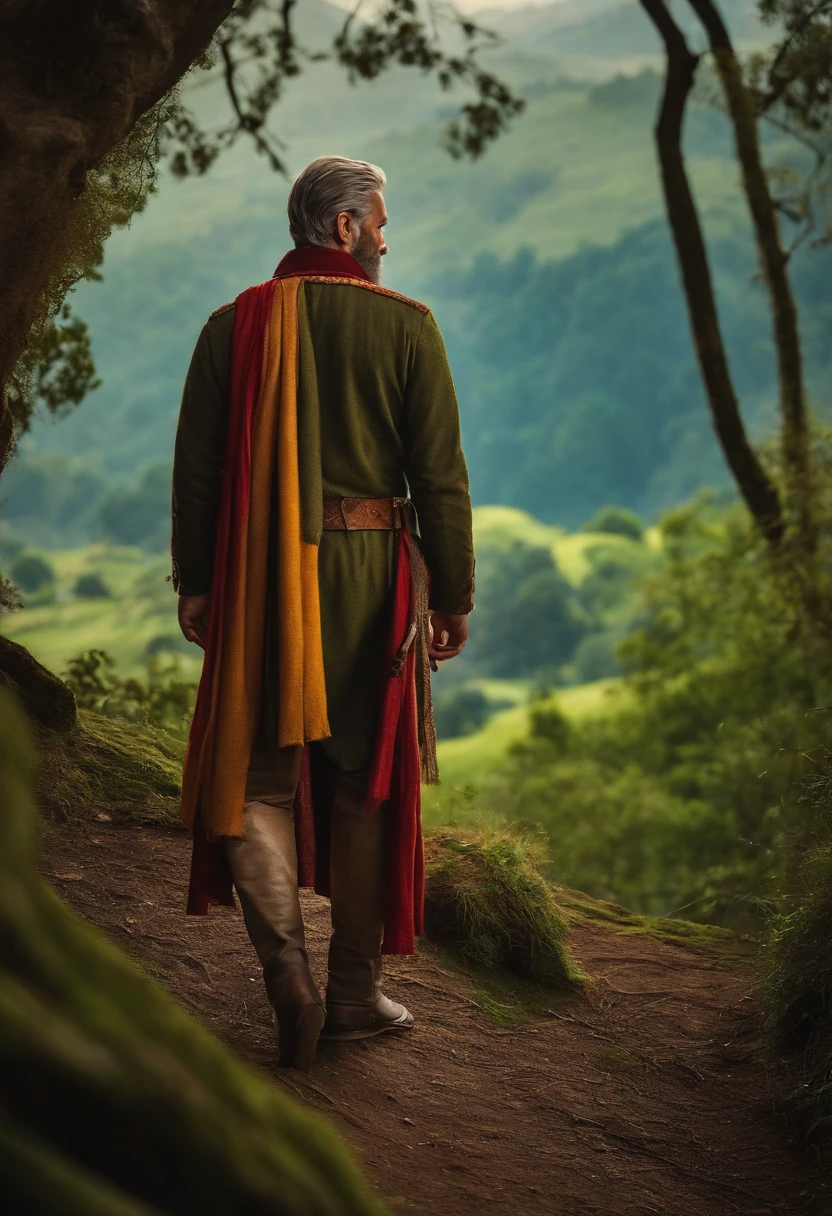 Um meio elfo homem de cabelos longos e loiros paladino