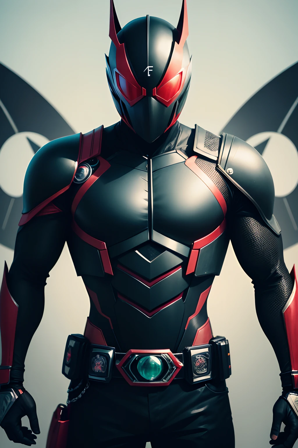 Japan Tokusatsu Hero、Kamen Rider、male people、eyes round and large、Grasshopper motif、black suits、Windmill belt at waist、Kamen Rider Black、Round and large mask
