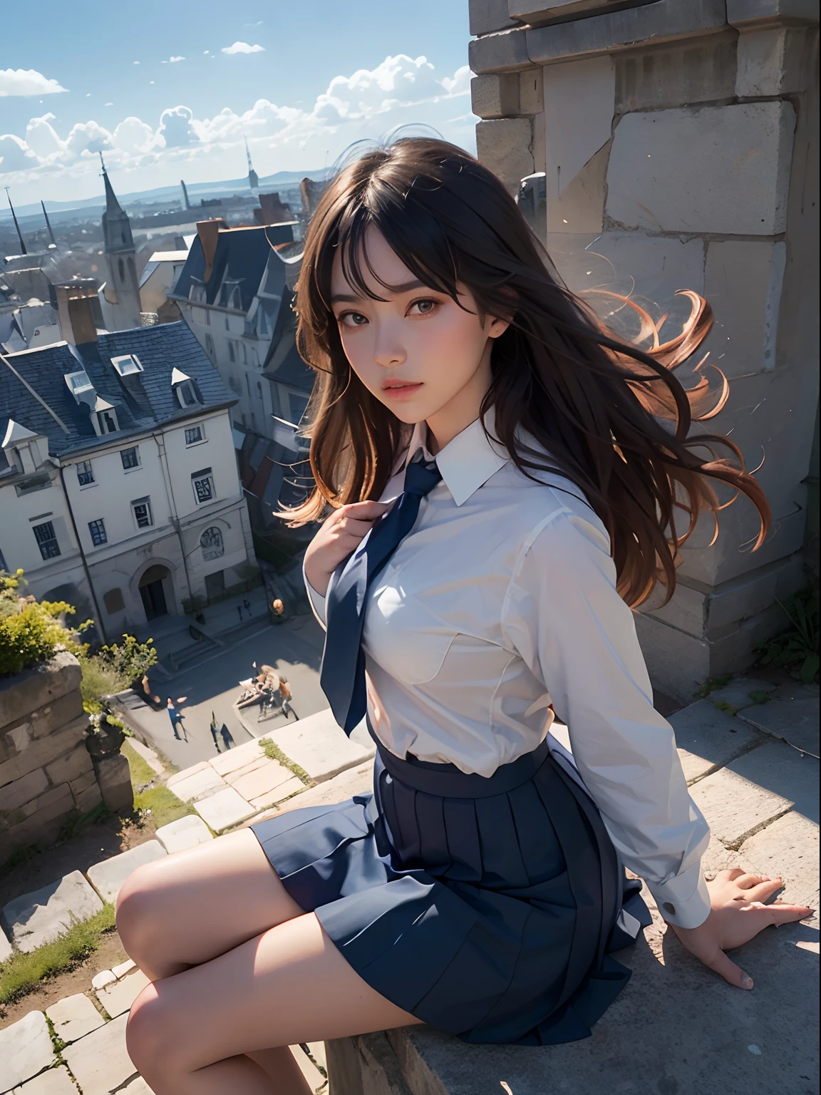Unbeatable masterpiece, Ultra photo realsisim, Perfect artwork, Intricate details, Best quality, Strong light , High contrast, Dynamic pose, Dutch angle , From above , 1girll , (sitting at top of tower:1.3) , (Blue and white school uniforms:1.1) , Skirt , (Meticulous eye beauty:1.28) , very long wavy hair , (blue-sky:1.1) , Clouds , (Ancient buildings soar into the sky:1.28) , (Wind:1.1) .Blush
