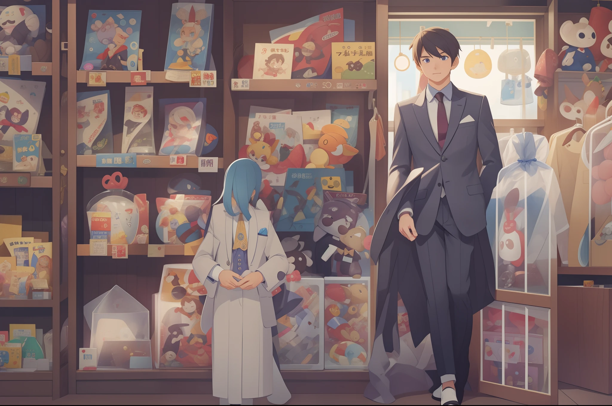 a 25-year-old man、suits、soio、closing eye、Inside a magic toy store、