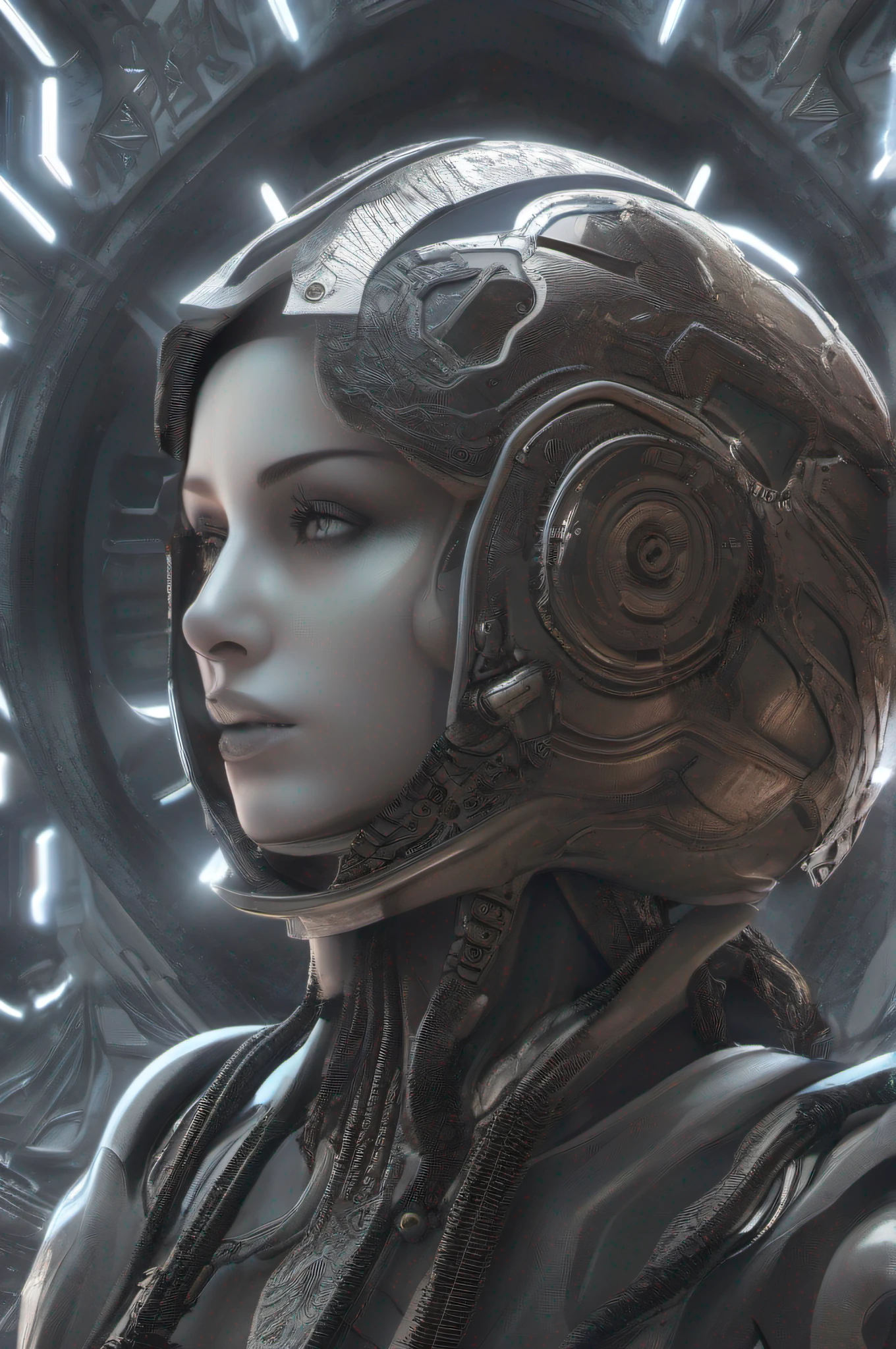 Monochromatic portrait scifi psytrance fantasy. --seed 777, Ultra HD, photorealistic, 32k, --AR 16:9, --v 5.2, -- s 55, --CHaos 321