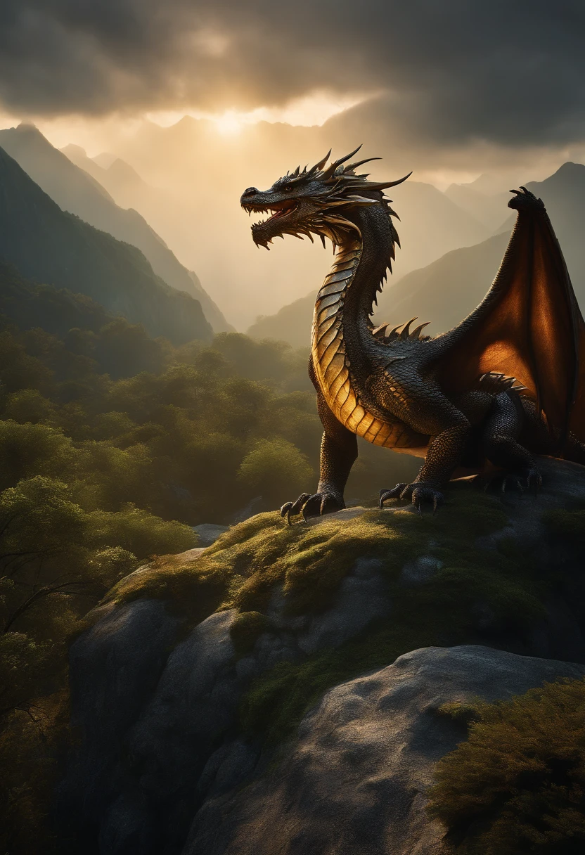 (best quality,4k,8k,highres,masterpiece:1.2),ultra-detailed,realistic (mountain:1.1),(dragon:1.2) asleep on a (majestic:1.1) mountain, (peaceful,serene) landscape, (mystical,enchanted) atmosphere, (mist,clouds) rolling around, (mighty,craggy) peaks reaching towards the sky, (lush,green) vegetation covering the slopes, (gentle,babbling) stream flowing nearby, (golden,sun-kissed) light (gently,softly) illuminating the scene, (calm,silent) ambiance, (awe-inspiring,breathtaking) view, (tranquilizing,soothing) colors, (sublime,ethereal) beauty, (balance,harmony) between nature and mythical creatures, (quietness,stillness) of the sleeping dragon, (intricate,detailed) scales and (sharp,elongated) claws, (mysterious,ancient) presence of the dragon, (ominous,legendary) power lurking within its slumber, (majesty,grandeur) of the mountain, (majestic,commanding) posture of the dragon, (magnificent,majestic) wings folded neatly, (scales,texture) glistening in the sunlight, (serenity,transcendence) emanating from the scene.