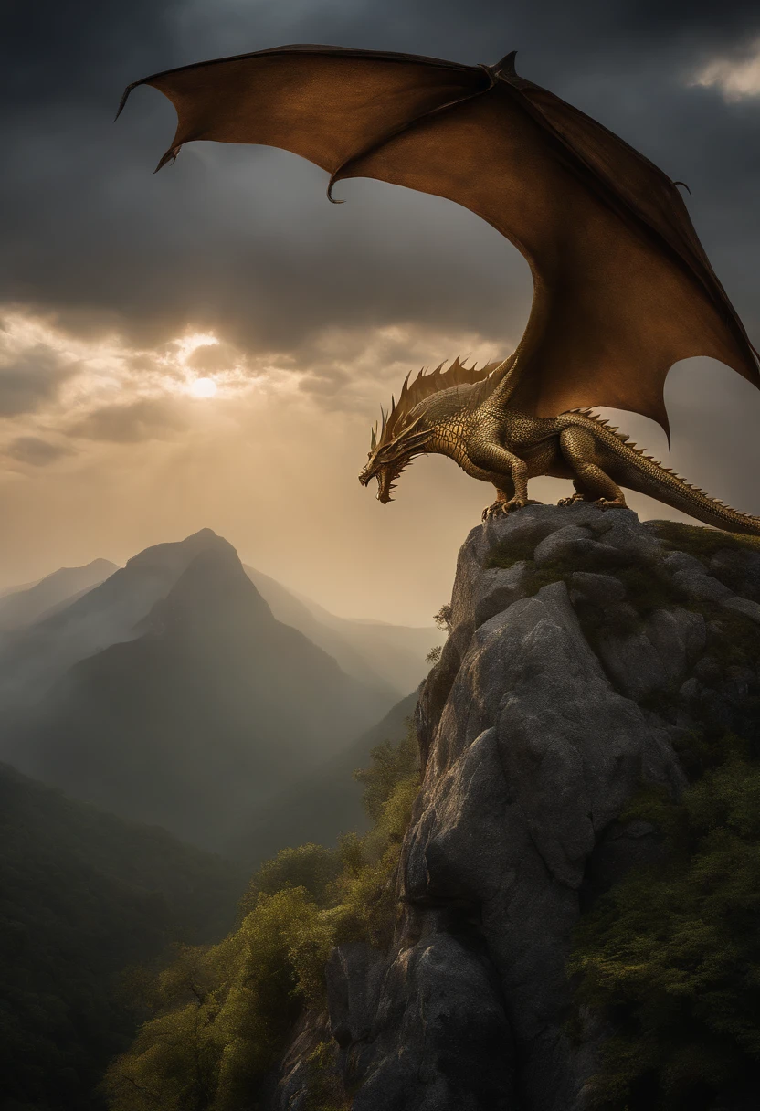 (best quality,4k,8k,highres,masterpiece:1.2),ultra-detailed,realistic (mountain:1.1),(dragon:1.2) asleep on a (majestic:1.1) mountain, (peaceful,serene) landscape, (mystical,enchanted) atmosphere, (mist,clouds) rolling around, (mighty,craggy) peaks reaching towards the sky, (lush,green) vegetation covering the slopes, (gentle,babbling) stream flowing nearby, (golden,sun-kissed) light (gently,softly) illuminating the scene, (calm,silent) ambiance, (awe-inspiring,breathtaking) view, (tranquilizing,soothing) colors, (sublime,ethereal) beauty, (balance,harmony) between nature and mythical creatures, (quietness,stillness) of the sleeping dragon, (intricate,detailed) scales and (sharp,elongated) claws, (mysterious,ancient) presence of the dragon, (ominous,legendary) power lurking within its slumber, (majesty,grandeur) of the mountain, (majestic,commanding) posture of the dragon, (magnificent,majestic) wings folded neatly, (scales,texture) glistening in the sunlight, (serenity,transcendence) emanating from the scene.