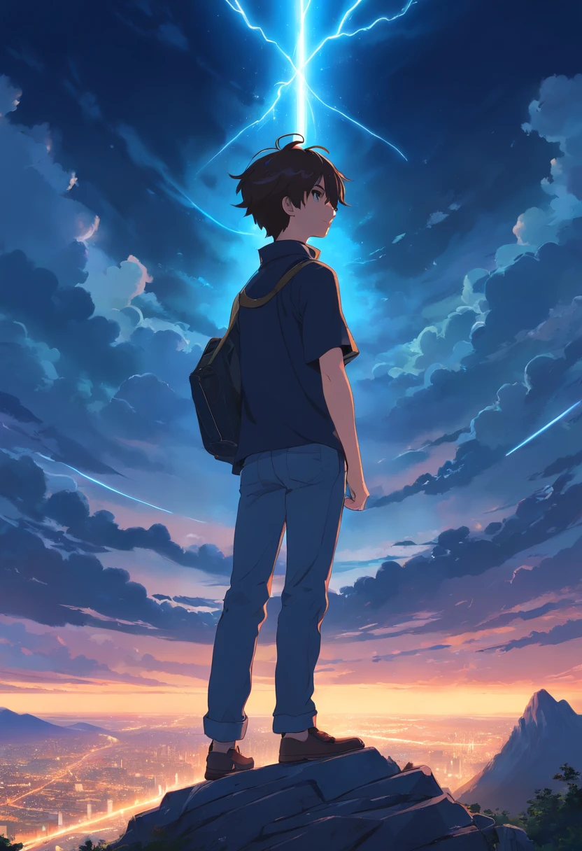 A boy with darkness who has immensive power who slaughtered a clan standing with a great tragic style with no regrets attitude on top of the mountain, magic in hands, black shirt, power.