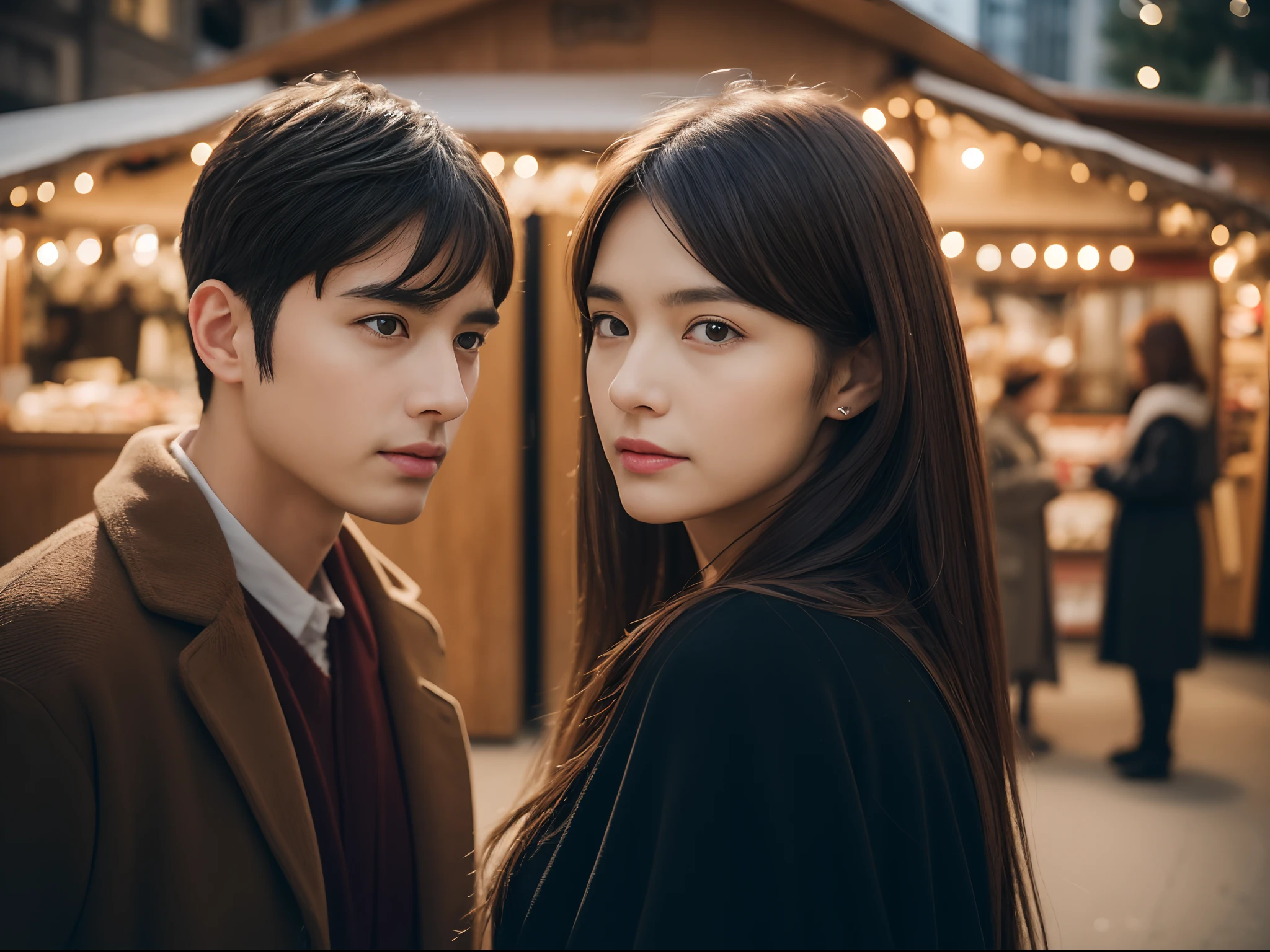 1 male human、1 female、Women in Their 20s、male in his 20s、(((Male and female couples)))、Beautuful Women、Asian Model、Japanese Models、8K Super Detail, ccurate, Best Quality, masutepiece, Super Detail, high details, High quality, Best Quality, hight resolution,cinematic lighting effect, (Delicate and detailed facial features),Man and woman standing,(Christmas market in Stuttgart),(((Looking at Viewer:1.5))),((Standing Facing Each Other))