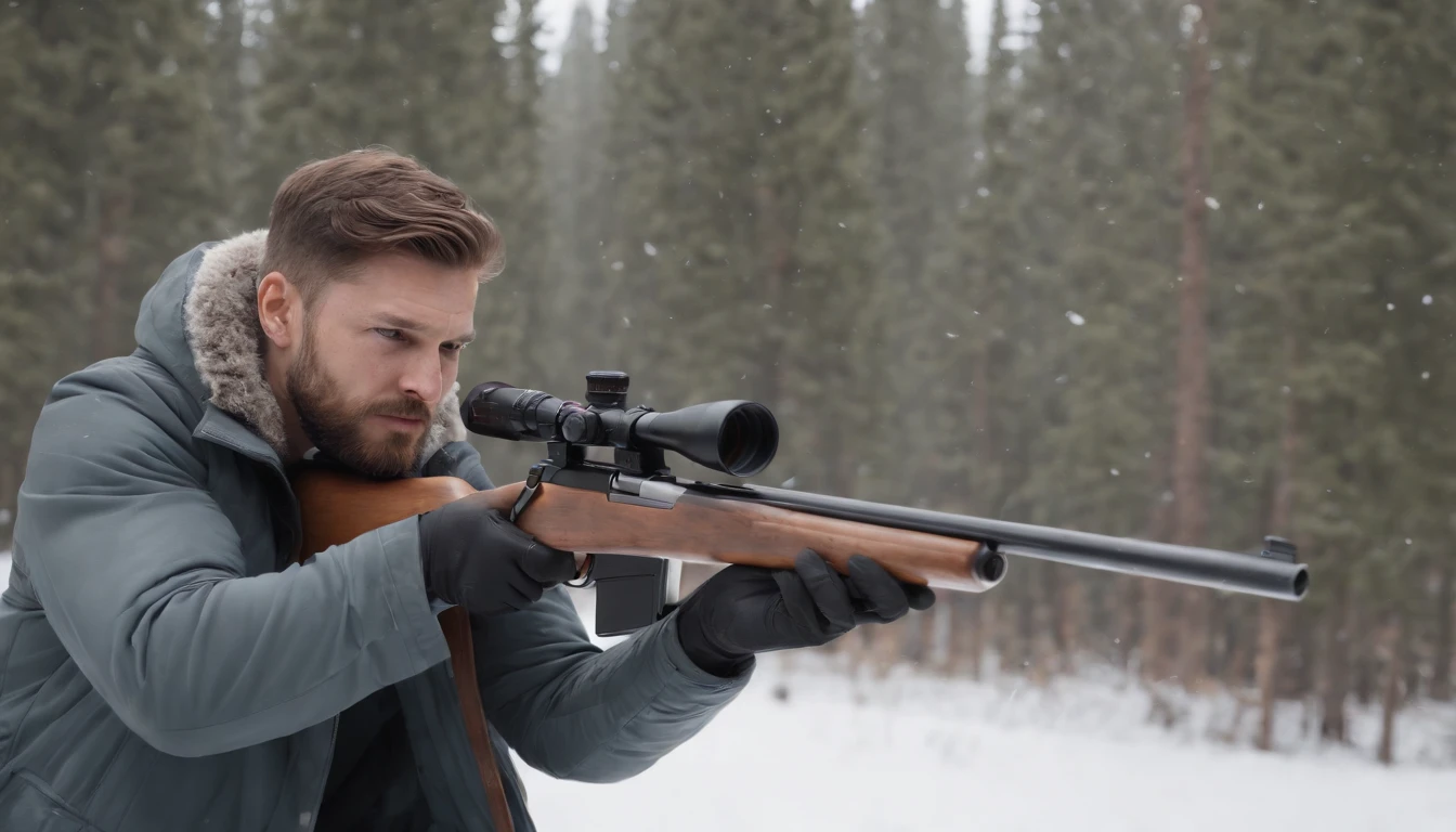 16 K, awardwinning, hight resolution, high details, Super Detail, Anatomically correct, Textured skin,Best Quality, (8K, Raw photo, Best Quality, masutepiece:1.2), (Realistic, Photorealsitic:1.4),snow mountains, Hunting, Cinematic lighting, (1male people:1.3),(Hunter aiming at prey with rifle:1.1), White rabbit, (Deer with fine antlers:1.1), There is a deer in the distance, Look at the scope of the gun and aim, White Eskimo Jacket, Falling snow, a beard, Fuji Film,