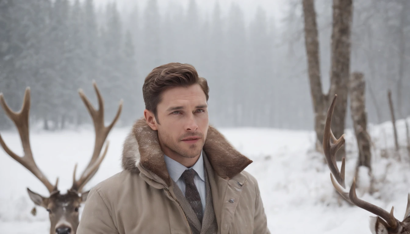 16 K, awardwinning, hight resolution, high details, Super Detail, Anatomically correct, Textured skin,Best Quality, (8K, Raw photo, Best Quality, masutepiece:1.2), (Realistic, Photorealsitic:1.4),snow mountains, Hunting, Cinematic lighting, (1male people:1.3),(Hunter aiming at prey with rifle:1.1), White rabbit, (Deer with fine antlers:1.1), There is a deer in the distance, Look at the scope of the gun and aim, White Eskimo Jacket, Falling snow, a beard, Fuji Film,