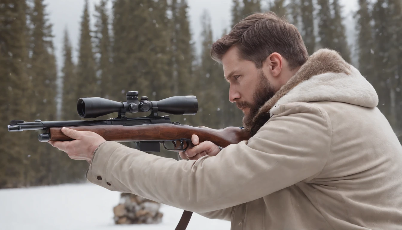 16 K, awardwinning, hight resolution, high details, Super Detail, Anatomically correct, Textured skin,Best Quality, (8K, Raw photo, Best Quality, masutepiece:1.2), (Realistic, Photorealsitic:1.4),snow mountains, Hunting, Cinematic lighting, (1male people:1.3),(Hunter aiming at prey with rifle:1.1), White rabbit, (Deer with fine antlers:1.1), There is a deer in the distance, Look at the scope of the gun and aim, White Eskimo Jacket, Falling snow, a beard, Fuji Film,