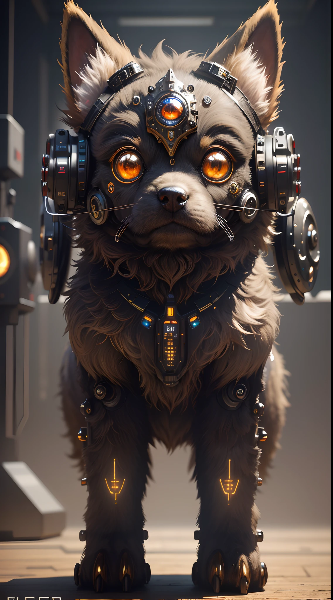 a cute fluffy puppy made of metal, robot, Cyberpunk style, clock movement, ((Intricate details)), hdr, big eyes, ((Intricate details, Super detailed)), vacuum tubes or electronic tubes, Cinematic footage, Textures, Background blur effect, Photo-realistic, 4K resolution