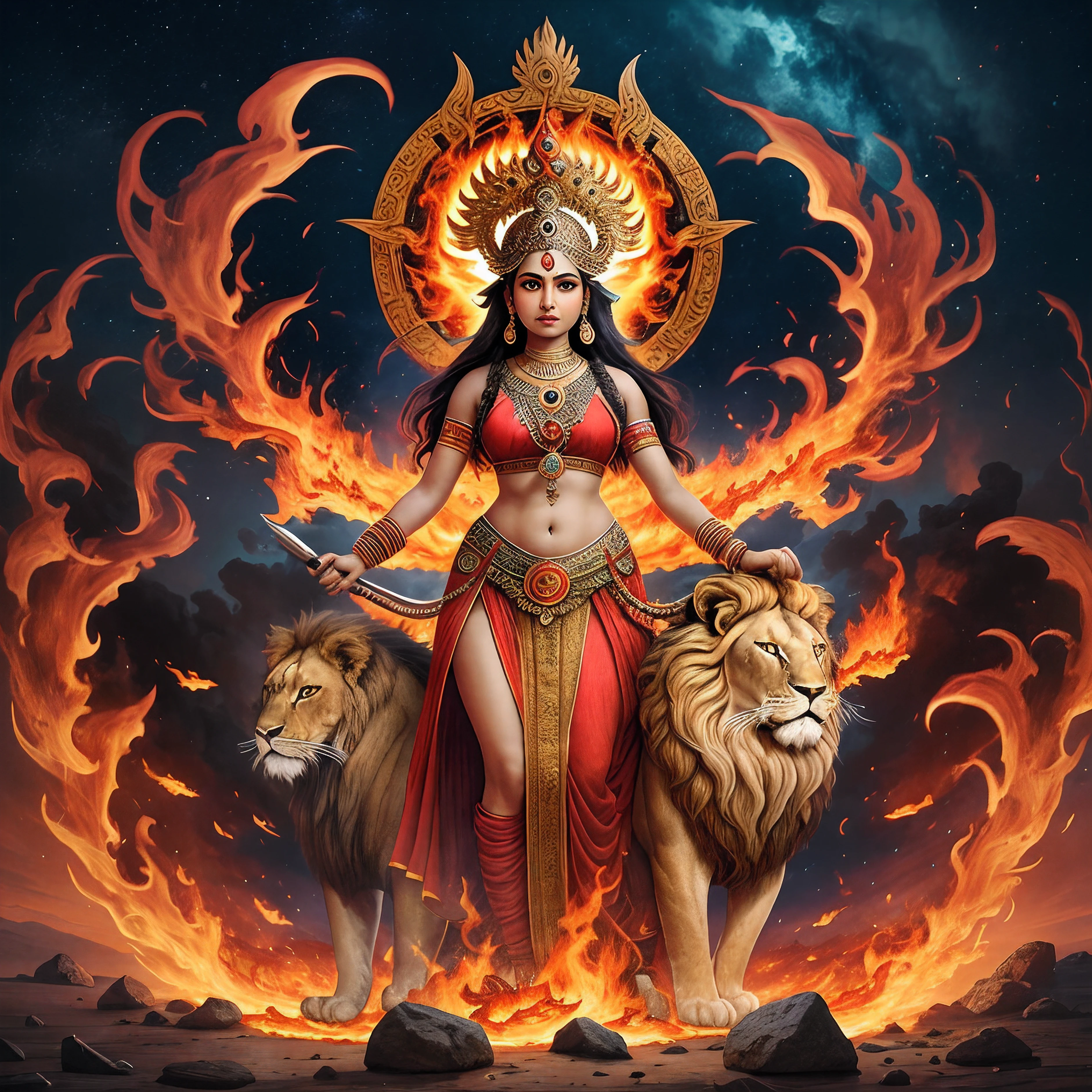 An ancient Indian goddess, holding a trishul, standing on the ground, lion standing near by, little clothes, and the background is full of a sea of fire that fills the sky, lion standing background