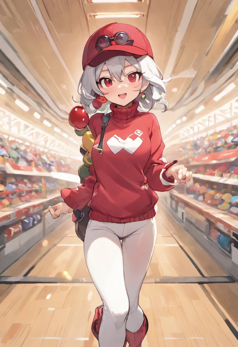 Grinning face,Baseball Cap,Red Baseball Cap.Thrust your right hand forward,white short pants,The field is an urban area,Turtleneck knitwear,Red glasses,Hi-Res, 1womanl,Pose with your right arm stretched forward, 独奏,Holding a Poké Ball in Your Hands, grey eyes, white hair, Red glasses,Red Baseball Cap, Red knitted turtleneck with long sleeves, White shorts, a belt, stadio, deph of field, Bad face, Stick out the arm holding the poké ball, put hands on the hip,