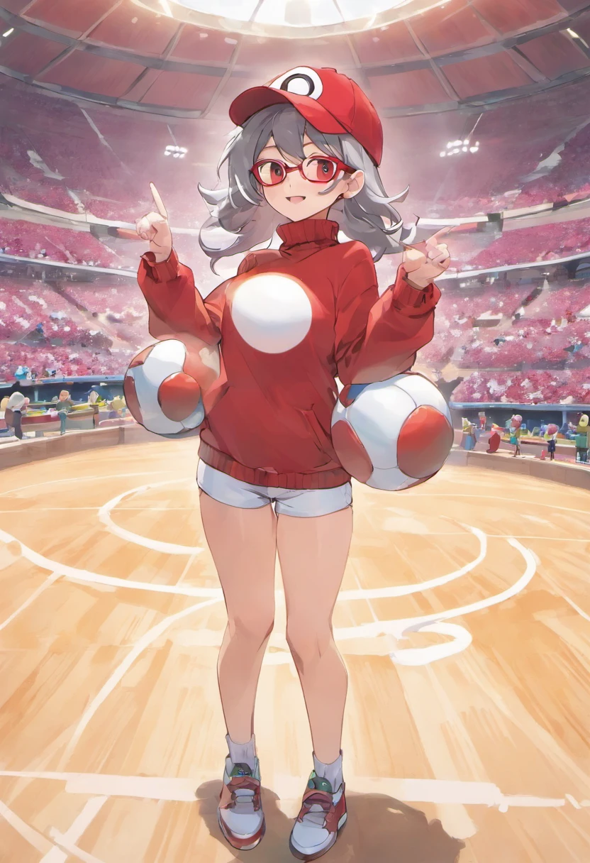 Grinning face,Baseball Cap,Red Baseball Cap.Thrust your right hand forward,white short pants,The field is an urban area,Turtleneck knitwear,Red glasses,Hi-Res, 1womanl,Pose with your right arm stretched forward, 独奏,Holding a Poké Ball in Your Hands, grey  eyes, white  hair, Red glasses,Red Baseball Cap, Red knitted turtleneck with long sleeves, White shorts, a belt, stadio, deph of field, Bad face, Stick out the arm holding the poké ball, put hands on the hip,