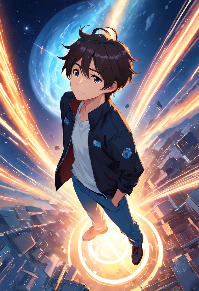 ridiculous resolution, high resolution, (masterpiece:1.4), super detailed, 1boy, seen from above, space, floating, white shirt, black jacket, have some magic, power --v 6