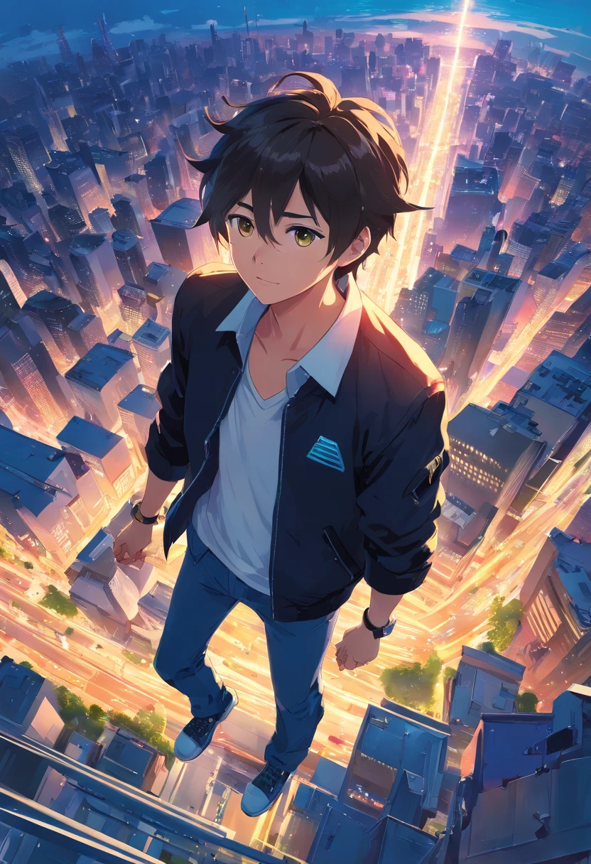 ridiculous resolution, high resolution, (masterpiece:1.4), super detailed, 1boy, seen from above, space, floating, white shirt, black jacket, have some magic, power --v 6