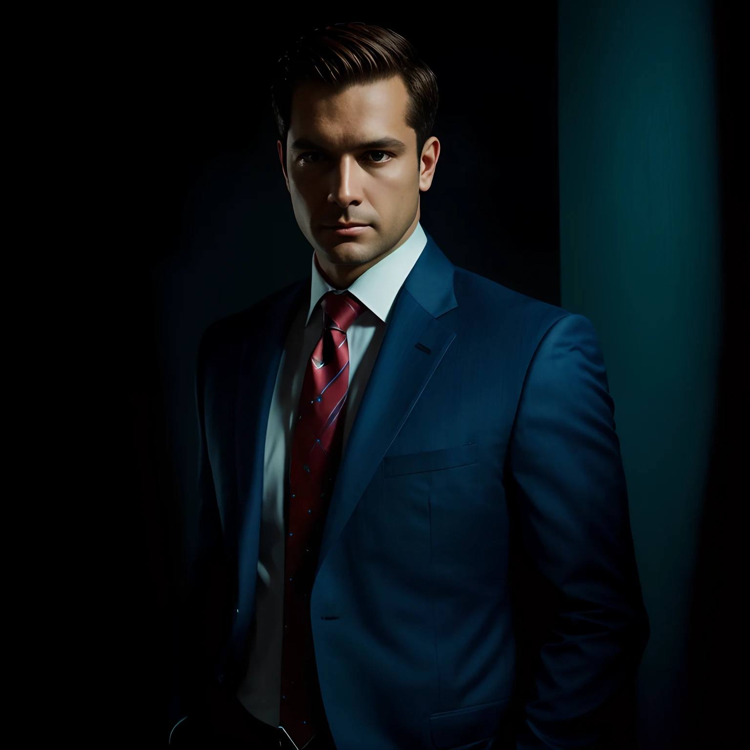 a Man standing with 30 years in suit and tie, body and head straight in the photo, DSRL, facing the viewer of the photo, eyes fixed to the lens, appears shoulders and head in the photo, man centered in the photo, 8k, best quality, masterpiece, realistic, realistic photo, movie photo, ultra realistic, 1 person, detailed, Perfect lighting, DSRL, professional photo, 4k