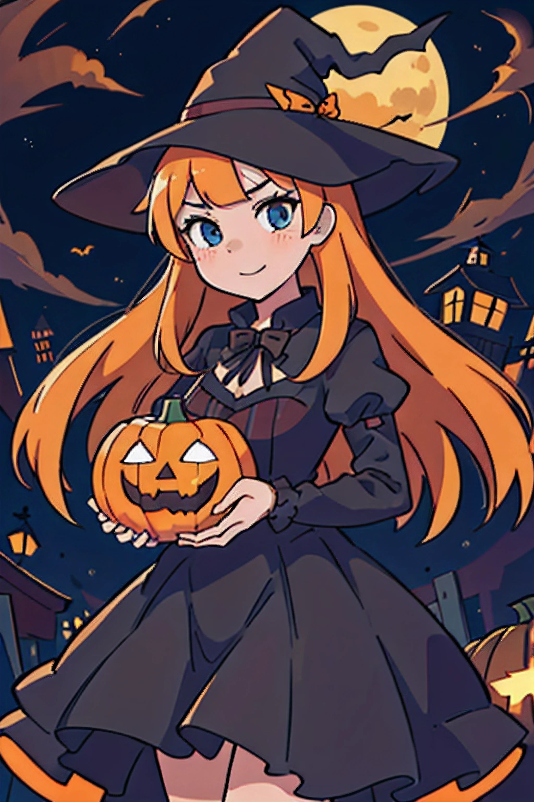 (best-quality:0.8), (best-quality:0.8), perfect anime illustration, a pretty woman holding hallowen pumpkin. hallowen costume, cosplaying witch.