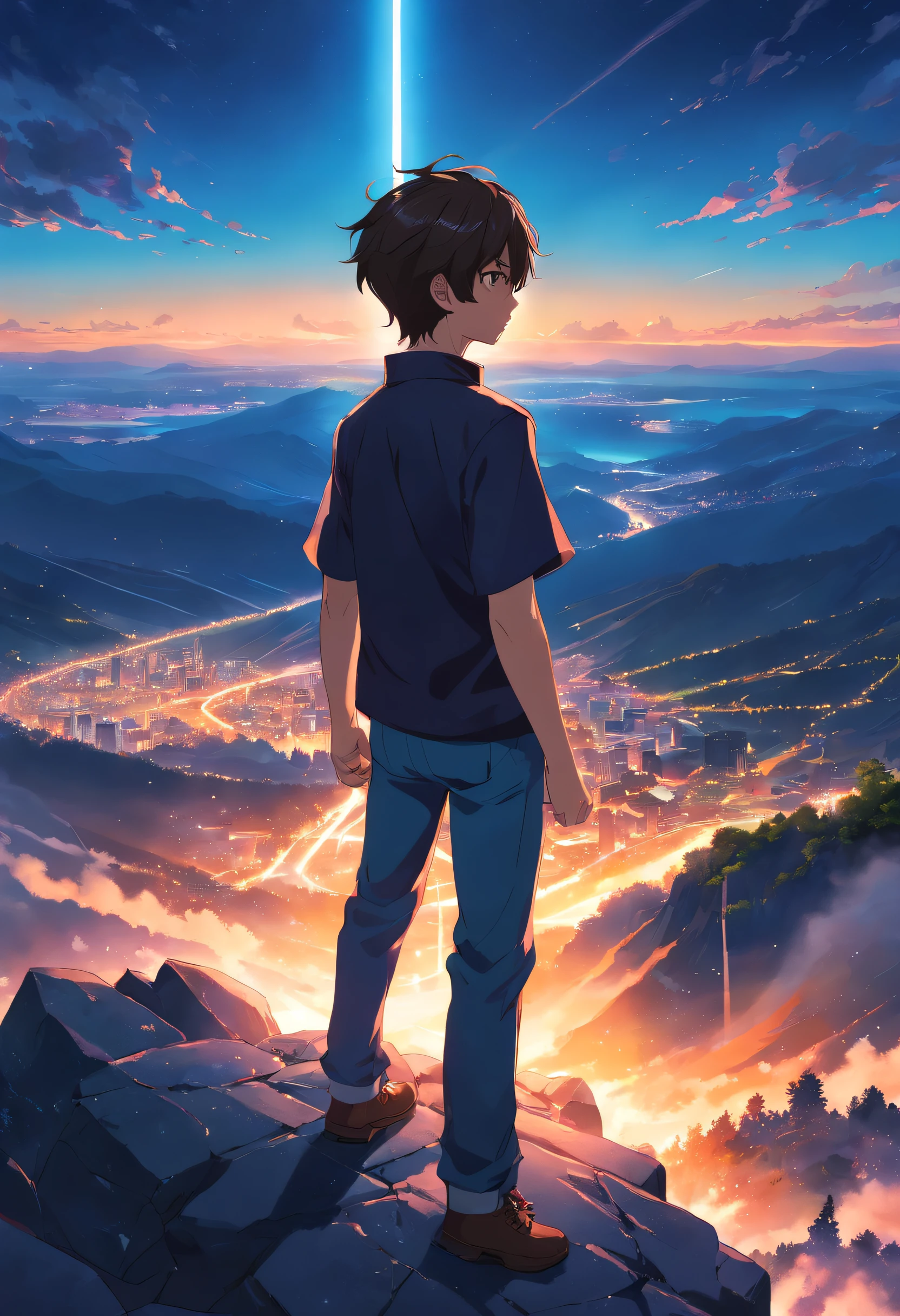 A boy with darkness who has immensive power  who slaughtered a clan  standing with a great tragic style   with no  regrets attitude  on  top of the mountain, magic in hands, black shirt, power.