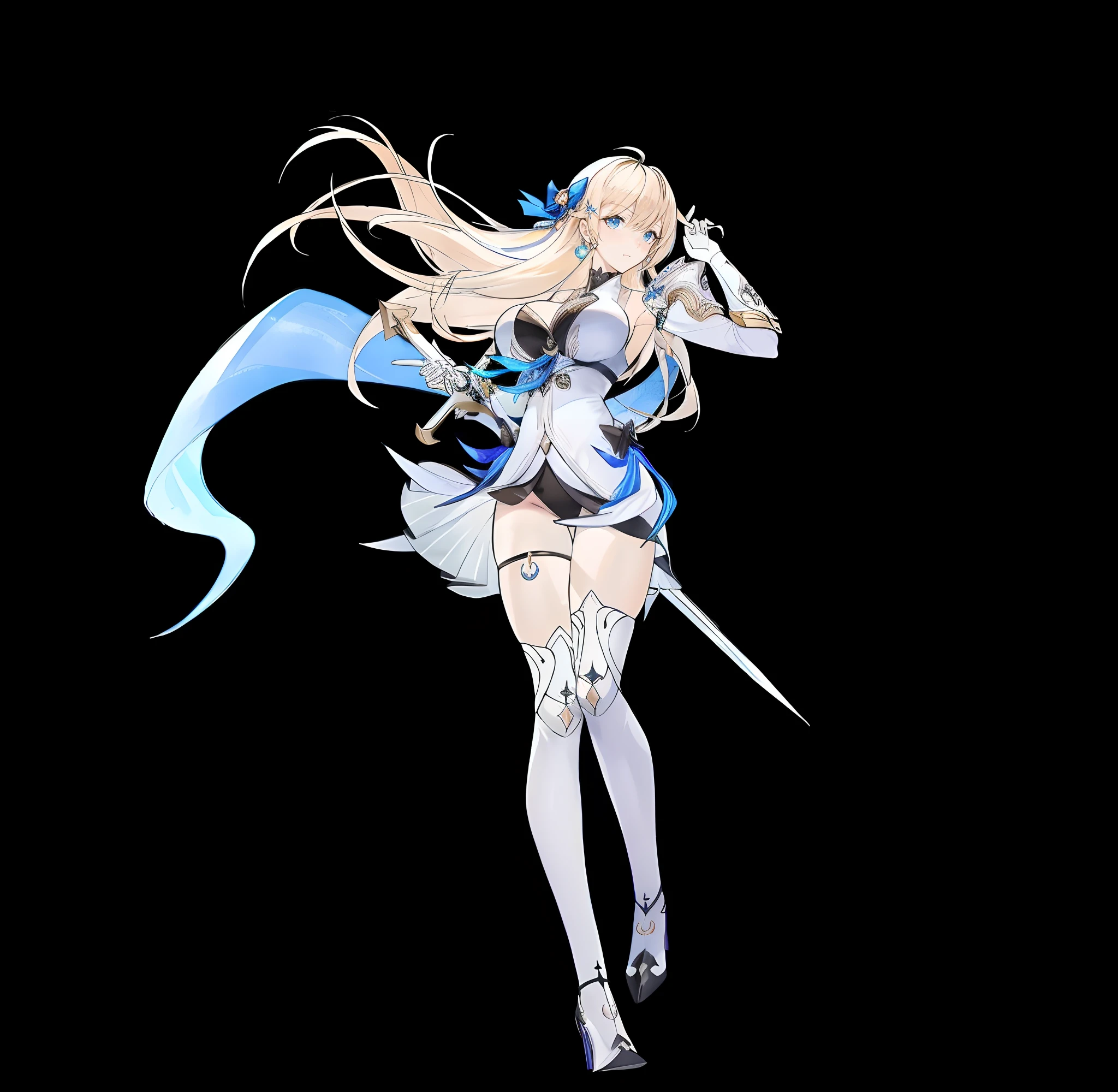 Anime girl with sword and blue dress on black background, official character art, from bravely default ii, A scene from the《azur lane》videogame, 《azur lane》role, Ayaka Genshin impact, granblue fantasy, azur lane style, from girls frontline, ( ( concept art of character ) ), Kushatt Krenz Key Art Women, Blonde anime girl with long hair