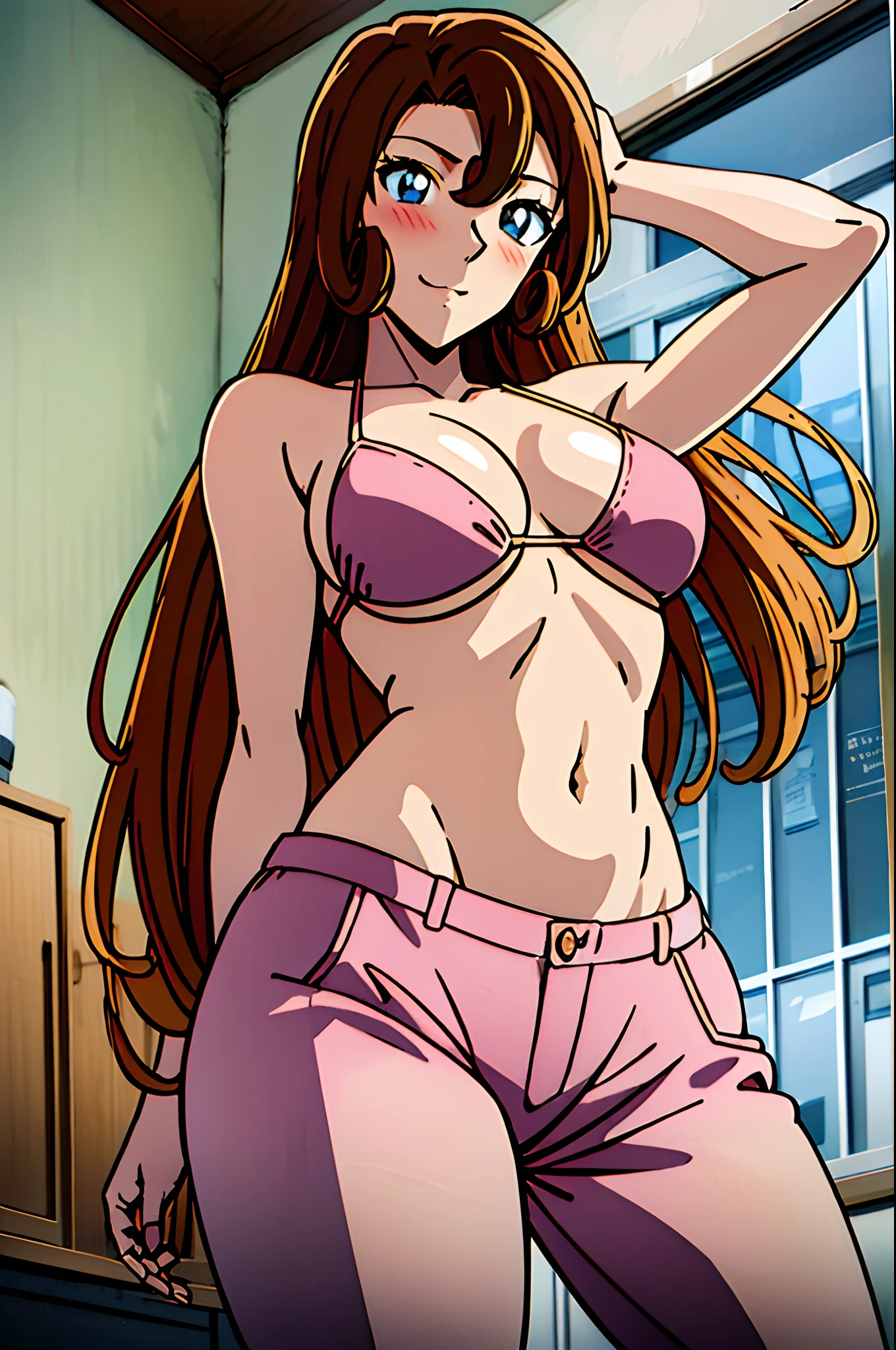 ((masterpiece)),((best quality)),ultra-detailed,illustration,1girl, solo, brown hair, long hair, flower, pants, midriff, crop top, breasts, looking at viewer, cleavage,  window, brown eyes, indoors, navel, medium breasts, bikini top, head tilt, knee up, closed mouth, bare shoulders, grey eyes, cloud, bangs, ,Beautiful body, Beautiful Nose, Beautiful character design, perfect eyes, perfect face, alluring, wallpaper, perfect lighting, Colorful, ultra highres,4K,photography, (medium breasts:1.2),(beautiful face:1.2),(narrow waist), shiny skin, anime screencap ,from below, mature female, full body, meitantei conan, standing, ((milf)), 37 years old