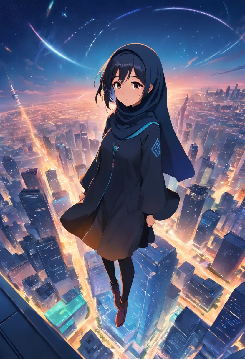 ridiculous resolution, high resolution, (masterpiece:1.4), super detailed, hijab girl, black hijab, seen from above, space, floating, --v 6