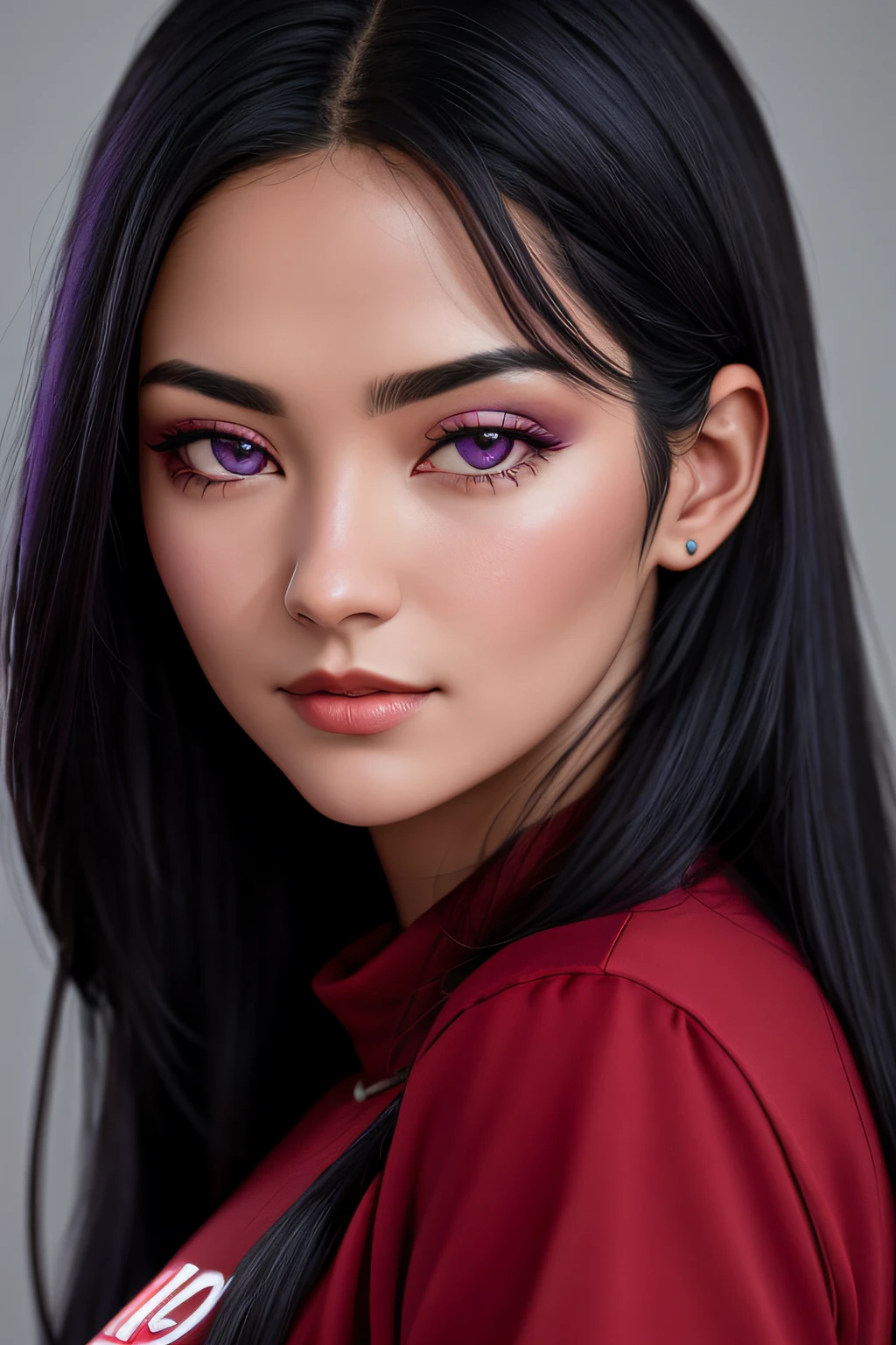 araffe woman with long black hair and purple eyes and a red shirt, taken with canon eos 5 d mark iv, taken with a canon eos 5d, taken with a canon eos 5 d, taken with canon 5d mk4, taken with sony alpha 9, taken with canon eos 5 d, shot on canon eos r5, shot on canon eos r 5