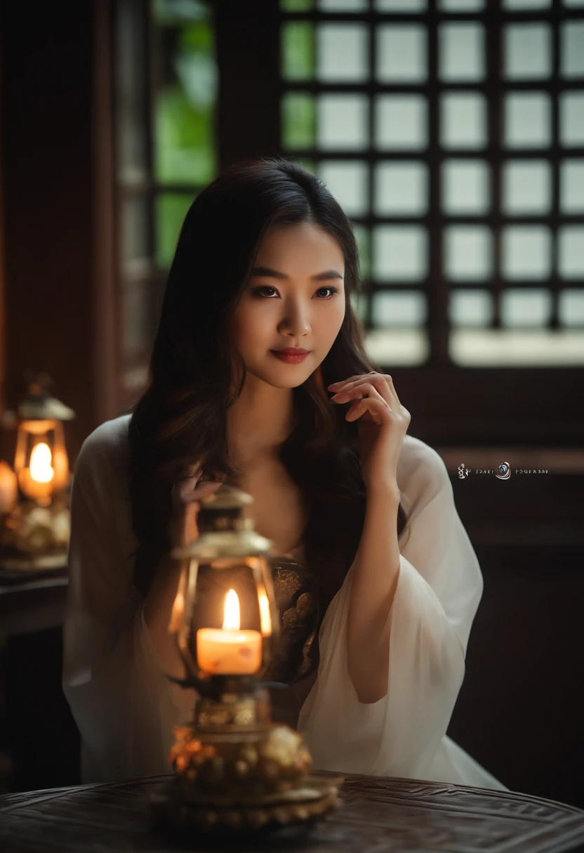 1womanl, 20yr old,((Chinese female celebrity)),Long hair,The camera was shot in the house,Chinese costumes,Gorgeous,the night,Ancient Chinese architecture,Chinese elements,Wooden dining table,((Moon cake)),candlestick,Candle,lantern,