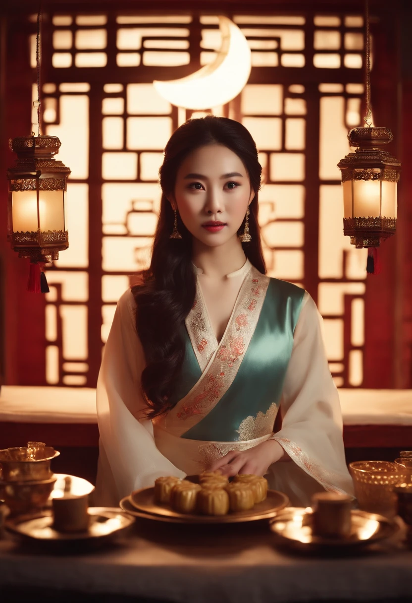 1womanl, 20yr old,((Chinese female celebrity)),Long hair,The camera was shot in the house,Chinese costumes,Gorgeous,the night,Ancient Chinese architecture,Chinese elements,Wooden dining table,((Moon cake)),candlestick,Candle,lantern,