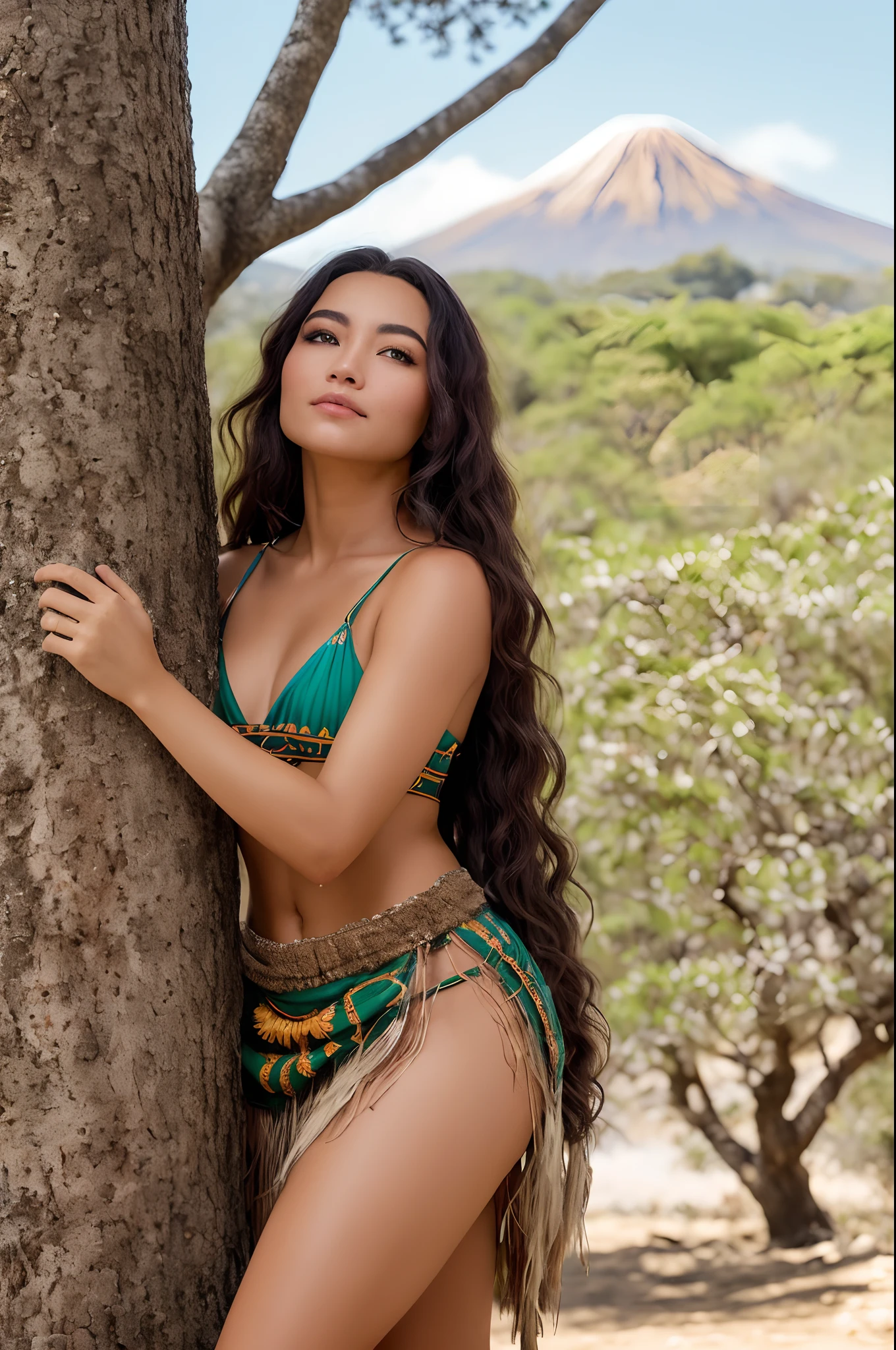 beautiful woman 18 anos  young indigenous Brazilian, cabelo muito longo e liso, muito liso , Typical dress two indigenous, roupa tapando os seios, muita roupa armadura verde escura, rosto de lado, looking at a tree, talking to the tree, feeling of well-being and gratitude, estado meditativo, looking at tree, emocionada, expression of happiness and thrill, tem um colar azul com pedra, em uma floresta tropical, (RAW, analogue, Nikon Z 85mm, fotografia glamourosa premiada, ((melhor qualidade)), ((obra-prima)), ((realista)), luz radiante raios, alta resolução, detalhes faciais detalhados, alto detalhe, foco nítido, suave, aesthetic, extremamente detalhado, olhos extremamente detalhados, corpo extremamente detalhado, pele extremamente detalhada, roupas extremamente detalhadas e muita roupa, octane rendering, foto_\(ultra\), fotorrealista, realista , Post-processing, maximum detail, sombras realistas, aspereza, textura natural da pele, vida real, ultra realista, fotorrealismo, fotografia, 8k uhd, fotografia, hdr, intrincado, elegante, altamente detalhado, foco nítido, raios de luz radiantes), ( (Distopia, [sci-fi], Foto colorida RAW de alto detalhe, Plano completo, ao ar livre), toned physique, rosto perfeito, (pele detalhada, poros difusos da pele), metal, (altamente detalhado, detalhes finos, intrincado), (lente flare:0.5), (bloom:0.5), smog, dust, (badlands:0.8), (observitory:0.7), raytracing, specular illumination, profundidade de campo rasa, fotografado em uma lente Sony Alpha 1, EF 85mm, f/ 2.8, Rigid focus, suave, film still cinematic)