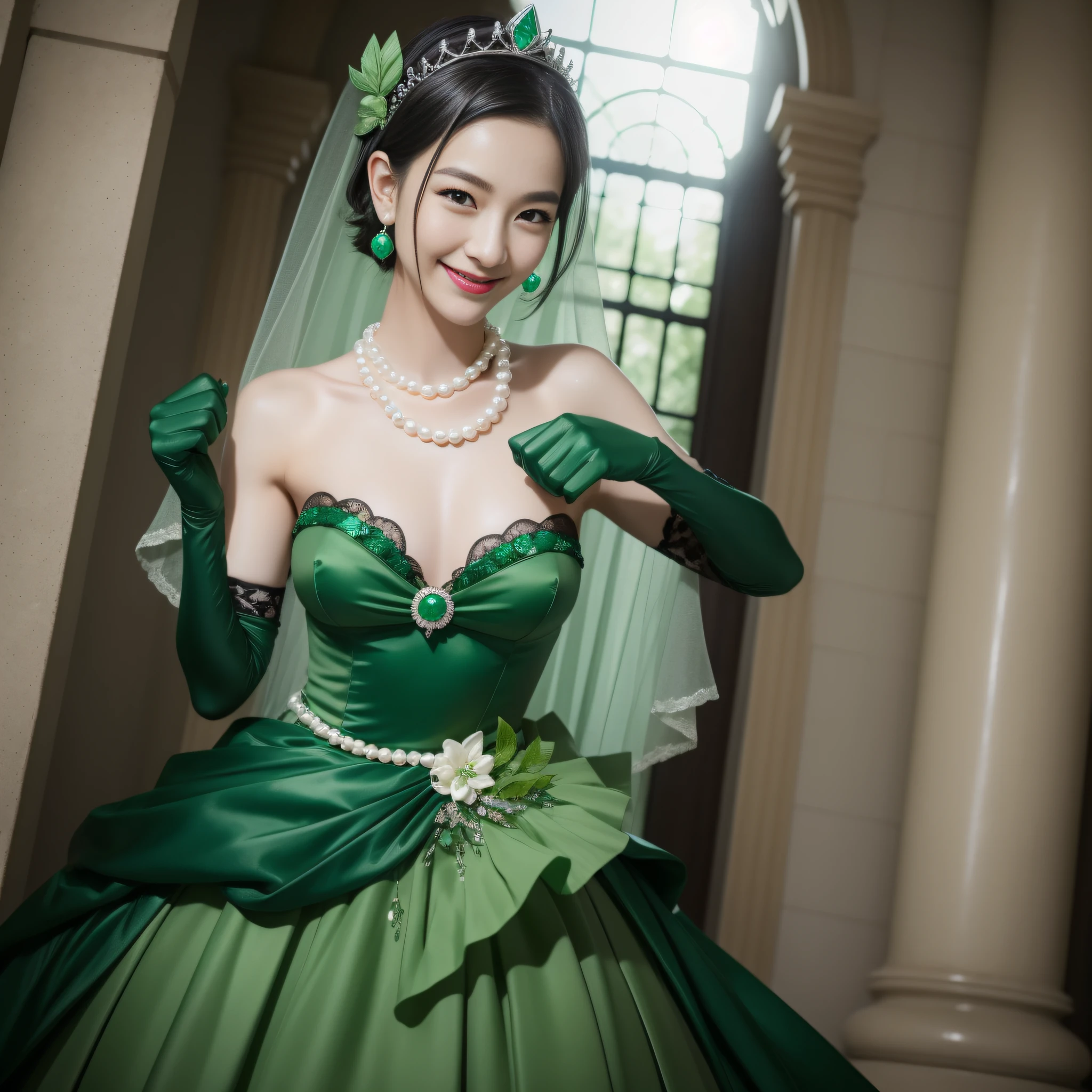 Boyish very short black hair, lipsticks, Japan woman smiling, Green Long Grove, Long green gloves made of satin material, lipsticks, Japan woman smiling, Satin green long gloves, emerald tiara, Green Pearl Necklace, verd s eyes, Green eyes, Long green gloves made of satin material, big breasts beautiful, Green Bridal Veil, Emerald Earrings, Green dress