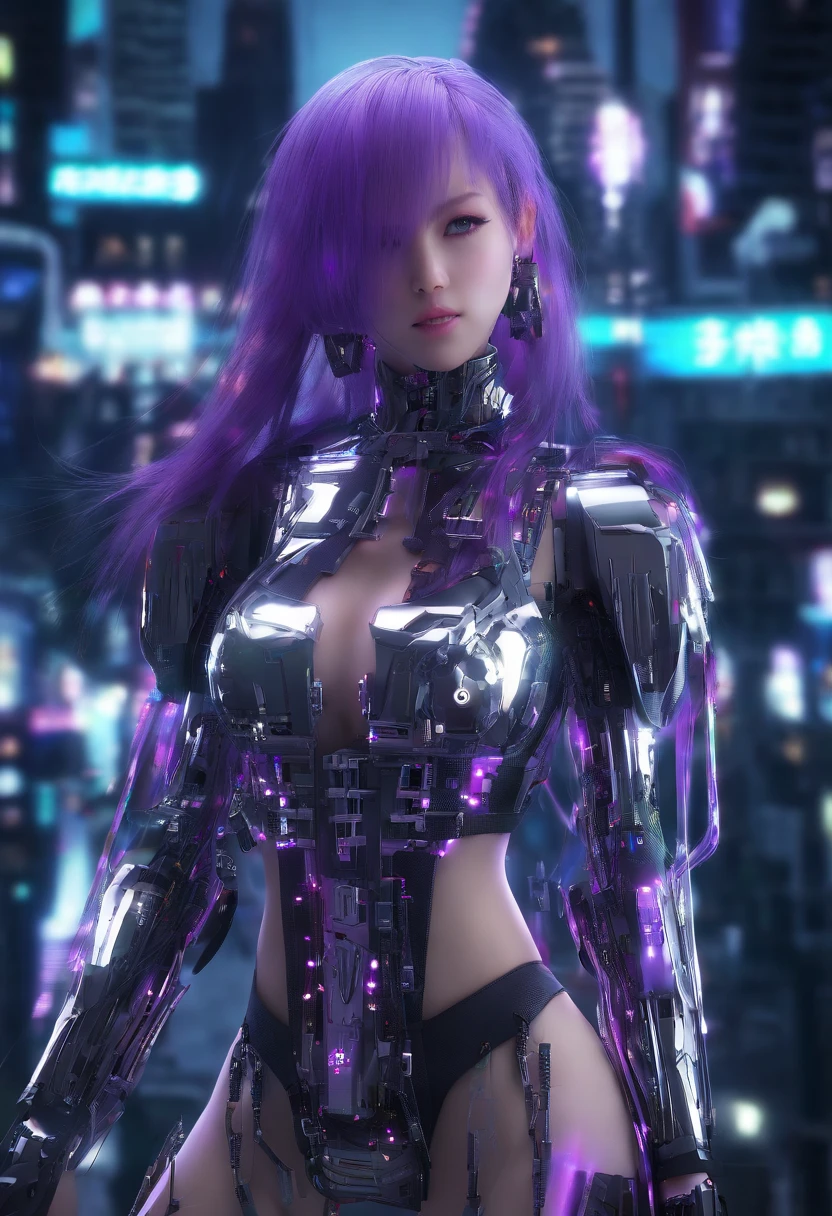Masterpiece, Best quality, 超高分辨率,フォトンマッピング,Best shadow,Portrait,Beauty details,hyper-high detail,Long purple hair,Single braid,Blunt bangs,Medium breasts,City,Chinatown,Downtown,see through, Short dress, low chest:2, hair adornments, Earrings, necklace, Portrait, Silver dress:2, view the viewer,Solo,Professional light, Detailed skin,
