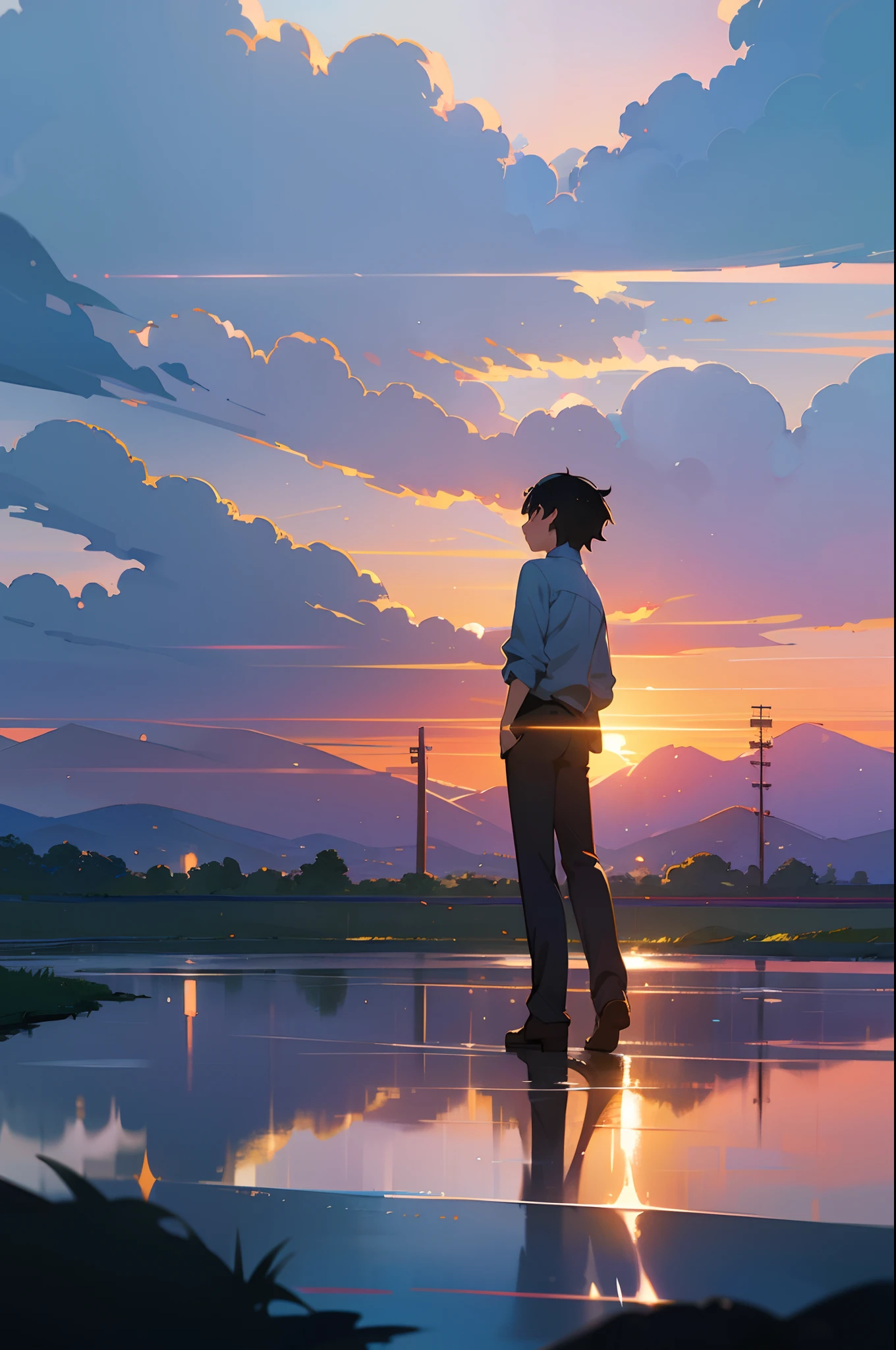 High quality masterpiece ,scenecy,Anime train passing through bodies of water on tracks, starrysky。Romantic train,pixiv,concept-art,Lofi art style,Reflectors。 by makoto shinkai, lofi art, beautiful anime scenes, Anime landscapes, Detailed scenery —width 672, in style of makoto shinkai, style of makoto shinkai,Detail enhancement。