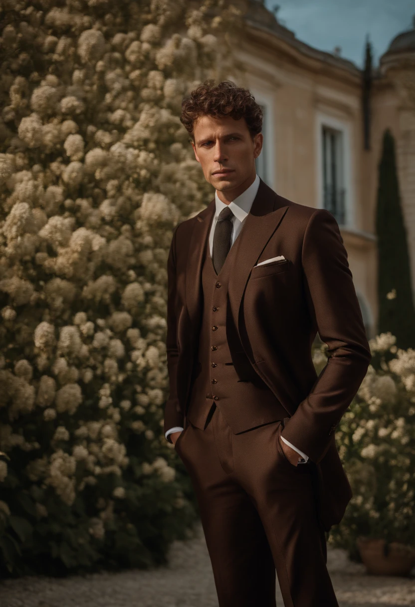 corps entier, wide-angle photo close-up portrait of the body of a handsome man , Grand et en forme, (40 ans:1.1), (shaven:1.2) , (very short brown curly hair:1.5),(very short hair:1.6). Dark brown tight velvet suit, (La veste a des motifs de fleurs noires:1.2). (posing outside the mansion with a luxury car:1.1), crowded street with cafes in the distance, Cold and dark sunset at dusk, (Edge Light:1.1),(Concentrez-vous sur les yeux), (angry look), (hard light on the skin:1.2), (ombres dures, dark themed, Contraste profond:1.1), (photographie de portrait par Annie Liebovitz), Dark mint theme and choral aesthetics, (skin imperfections)