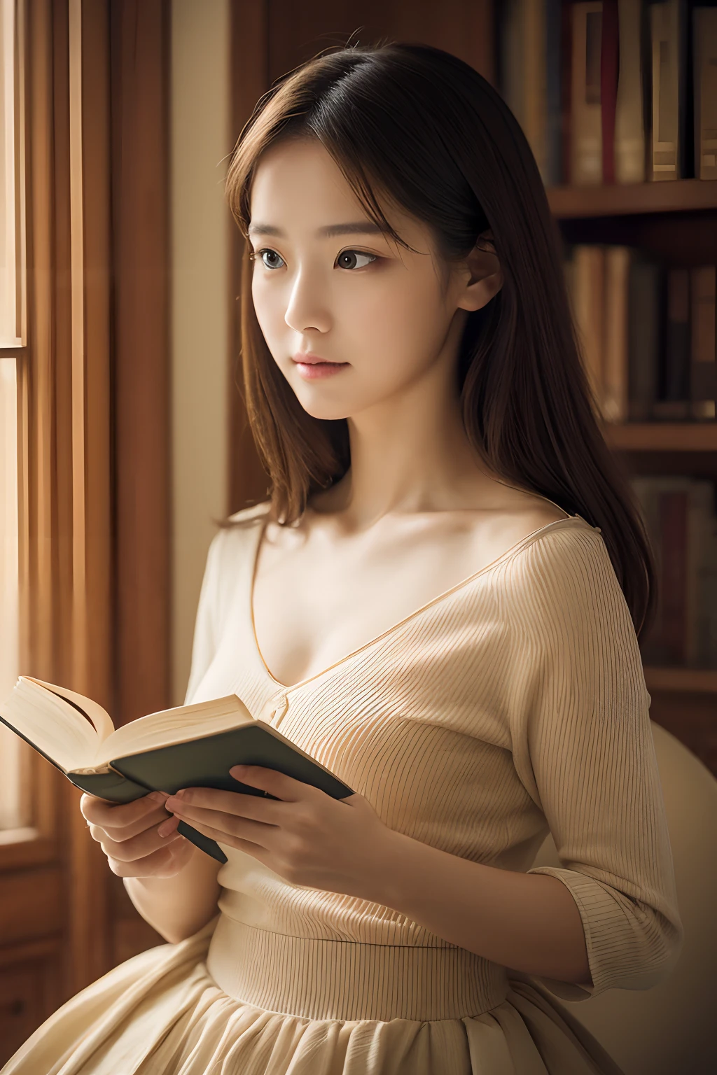 (top-quality、8K、32K、​masterpiece）Beautiful woman reading a book、a room