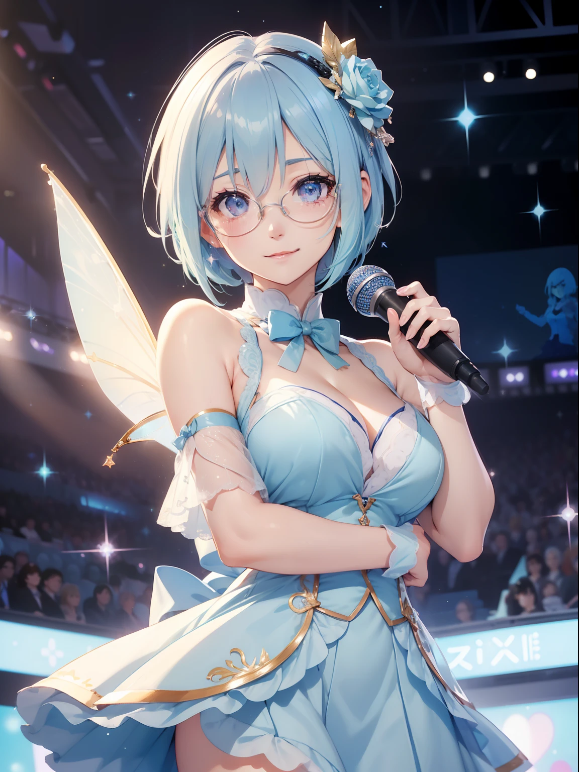 masutepiece, High resolution, 8K, anime woman, Delicate and detailed writing 、Detailed digital illustration、(((Pixie Bob)))、Shiny hair、a very beautiful woman、Eyes are double, Large,、 Bust is D cup、High image quality, High quality、Detailed background、(((Wearing idol clothes)))、((Glittering live stage backdrop))、The inside of the eye shines like a diamond、(((Light blue hair)))、(((swept bangs)))、Gradient pupil、(((2 arms、4 fingers, 1 thumb)))、Detailed female face、a very beautiful woman、、细致背景、​masterpiece、Soft Focus , Bright gradient watercolor , Lens Flare , (((Glitter))) , Glow , Dreamy , (((Holding the microphone in her hand)))、a miniskirt、Idol、Light blue ribbon、Very beautiful light blue rose hair accessories、Light blue and gold costume with white as the main color、((POV))、(((wears glasses)))、Dynamic Poses、intelligent woman、A smile