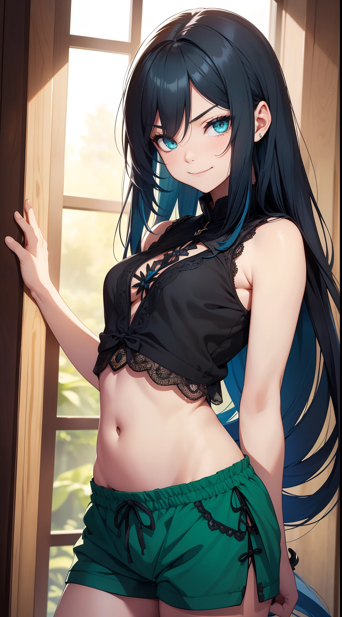 young boy, Long black hair with blue hair tips, Green eyes, Thick openwork top, Shorts, open belly, smirk, hands behind head, Masterpiece, hiquality, high detail, HD, 4k