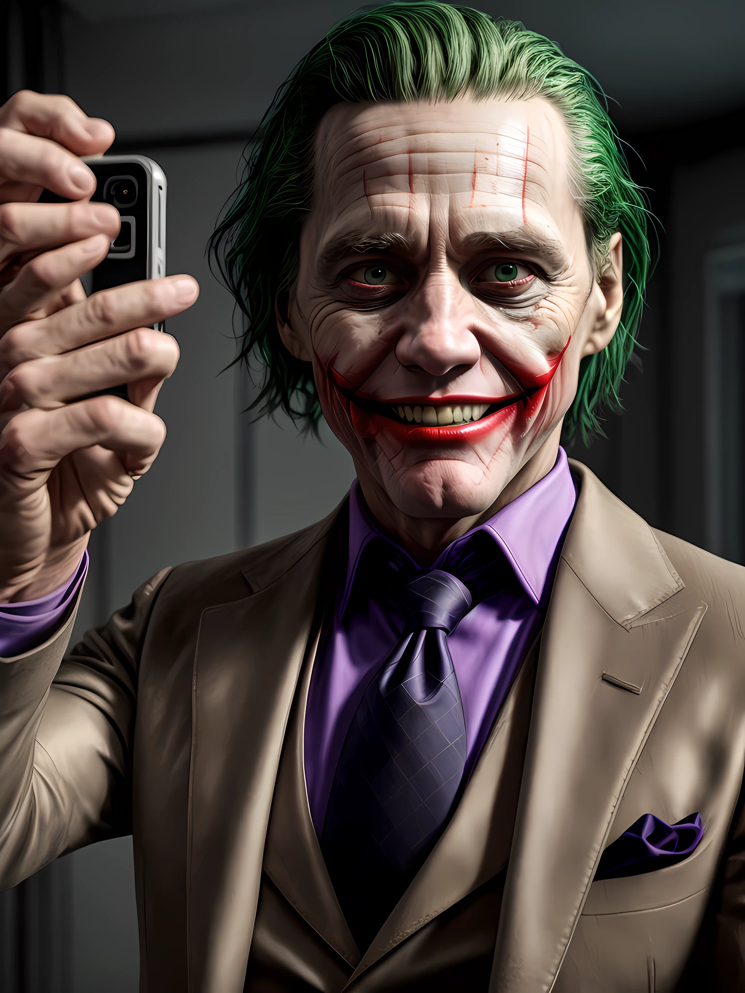 The face of Voyeur, medium close up view, the notorious villain, Joker of the dark knight, voyeuring from slightly opened door, from the slightly opened door in to room, voyeuristic view, hip level shot, highly detailed, photorealistic, octane render, unreal engine, 8k resolution
