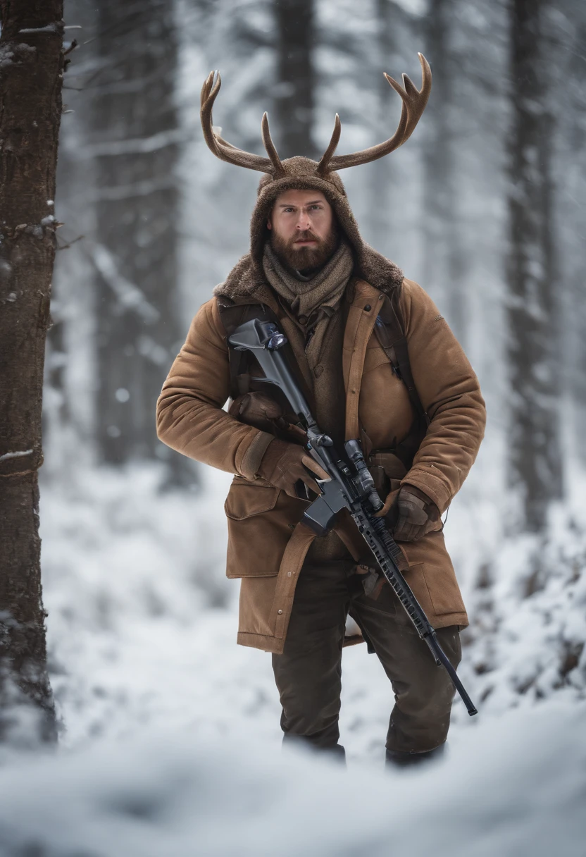 16 K, awardwinning, hight resolution, high details, Super Detail, Anatomically correct, Textured skin,Best Quality, (8K, Raw photo, Best Quality, masutepiece:1.2), (Realistic, Photorealsitic:1.4),snow mountains, Hunting,  Cinematic lighting, (1male people:1.3),(Hunter aiming at prey with rifle:1.1), White rabbit, (Deer with fine antlers:1.1), There is a deer in the distance, Look at the scope of the gun and aim, White Eskimo Jacket, Falling snow, a beard, Fuji Film,