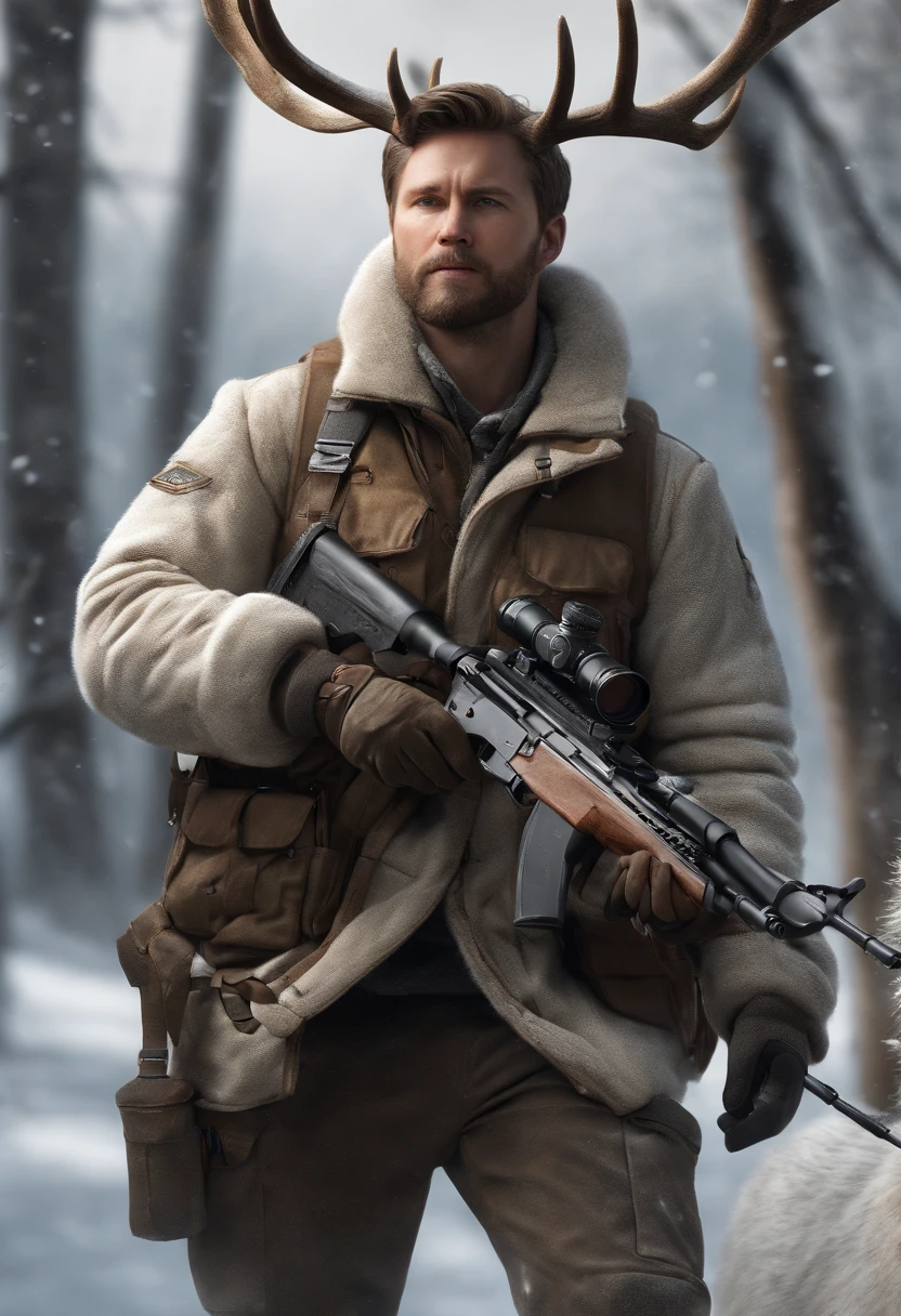 16 K, awardwinning, hight resolution, high details, Super Detail, Anatomically correct, Textured skin,Best Quality, (8K, Raw photo, Best Quality, masutepiece:1.2), (Realistic, Photorealsitic:1.4),snow mountains, Hunting, Cinematic lighting, (1male people:1.3),(Hunter aiming at prey with rifle:1.1), White rabbit, (Deer with fine antlers:1.1), There is a deer in the distance, Look at the scope of the gun and aim, White Eskimo Jacket, Falling snow, a beard, Fuji Film,