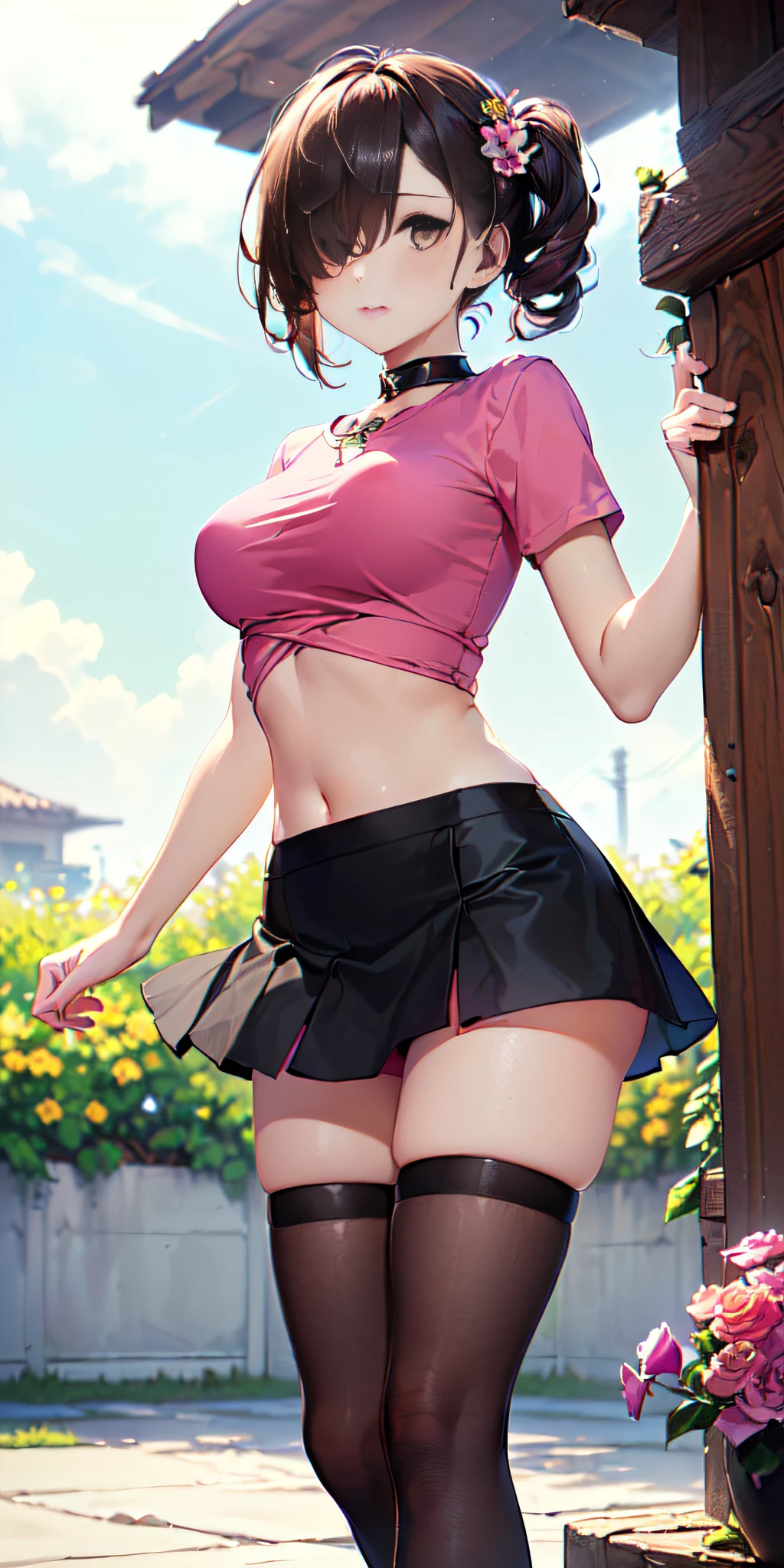 (((masterpiece, best quality, High Resolutions, hmeliza, 1girl, Hair over one eye, jewely, single thighhigh, midriff, black skirt, asymmetrical legwear, Pink shirt, black thighs, beltt, short miniskirt, Standing, Shot cowboy, outdoor, Featured, Flower )))