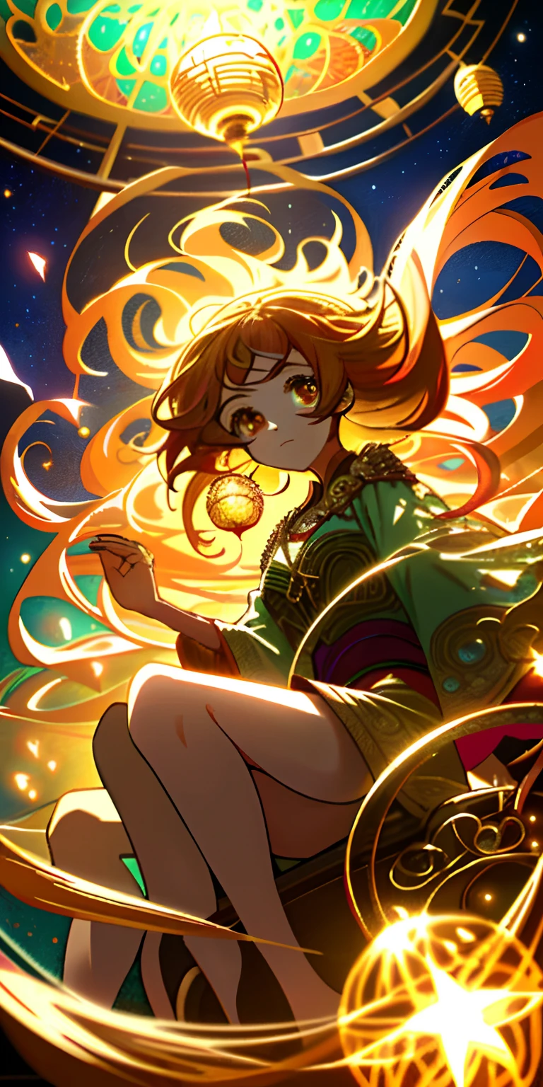 layla (Masterpiece), (Best quality), (Ultra detailed),(Disheveled hair),(illustration), (1girll), beatiful detailed eyes,Delicate beautiful face,Floating,(High saturation),(Colorful splashes),colorful bubble,(Shining),focus onface, Sit in a glass ball, G;Ass cage, Golden stars and lanterns