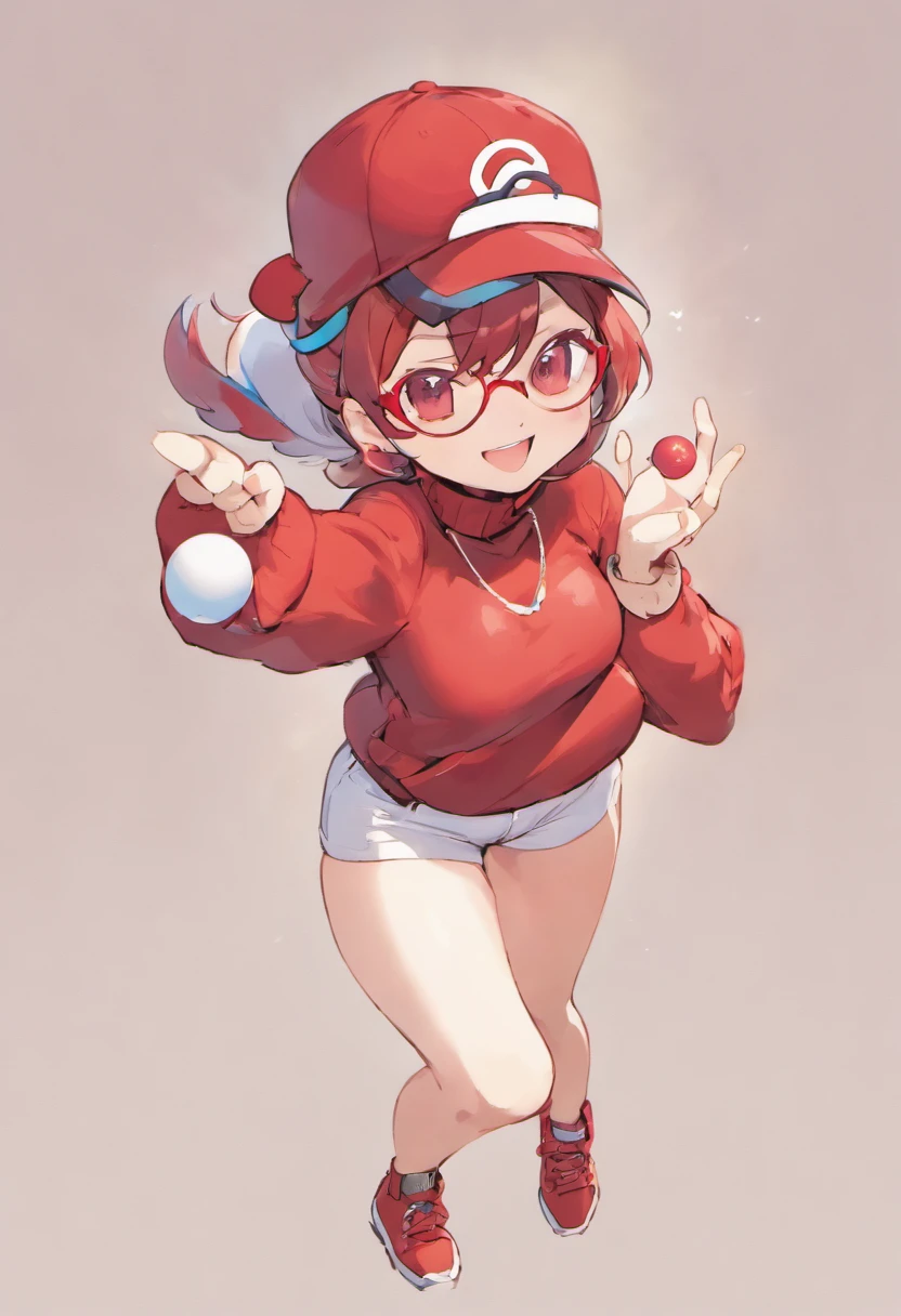 Grinning face,Baseball Cap,Red Baseball Cap.Thrust your right hand forward,white short pants,The field is an urban area,Turtleneck knitwear,Red glasses,Hi-Res, 1womanl,Pose with your right arm stretched forward, 独奏,Holding a Poké Ball in Your Hands, grey  eyes, white  hair, Red glasses,Red Baseball Cap, Red knitted turtleneck with long sleeves, White shorts, a belt, stadio, deph of field, Bad face, Stick out the arm holding the poké ball, put hands on the hip,