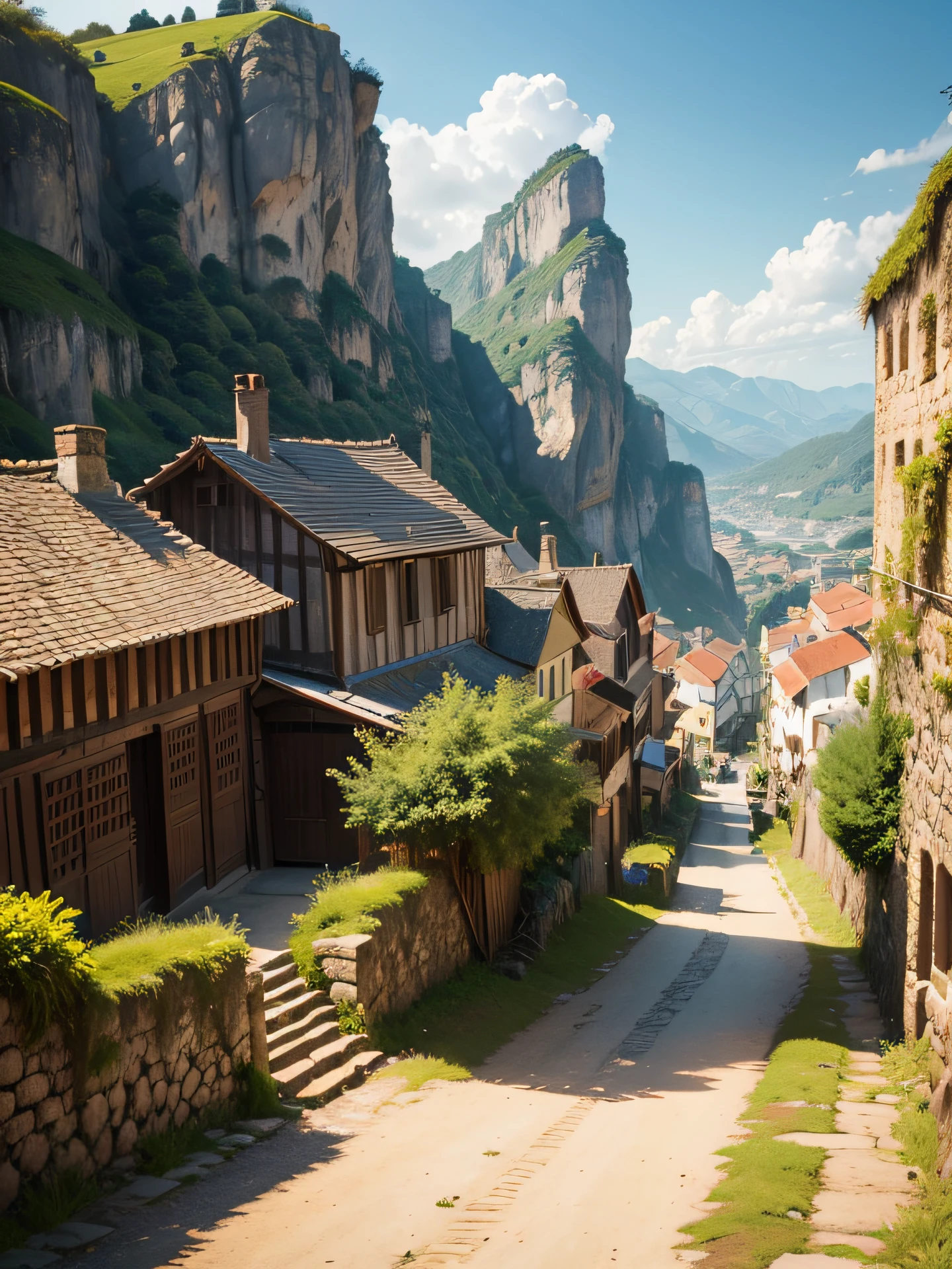 cidades medievais, Fundo medieval da cidade, Fundo da cidade florestas e campos verdes, cidade medieval, Arte de jogo realista medieval, arte de fantasia medieval, Game scene graphic,Aerial view,high angle lens,Prime-time light, Melhor qualidade,melhor qualidade de imagem, The streets are narrow and paved with stones, and the houses are made of wood and stone with some distance from each other, dia iluminado com Sol.